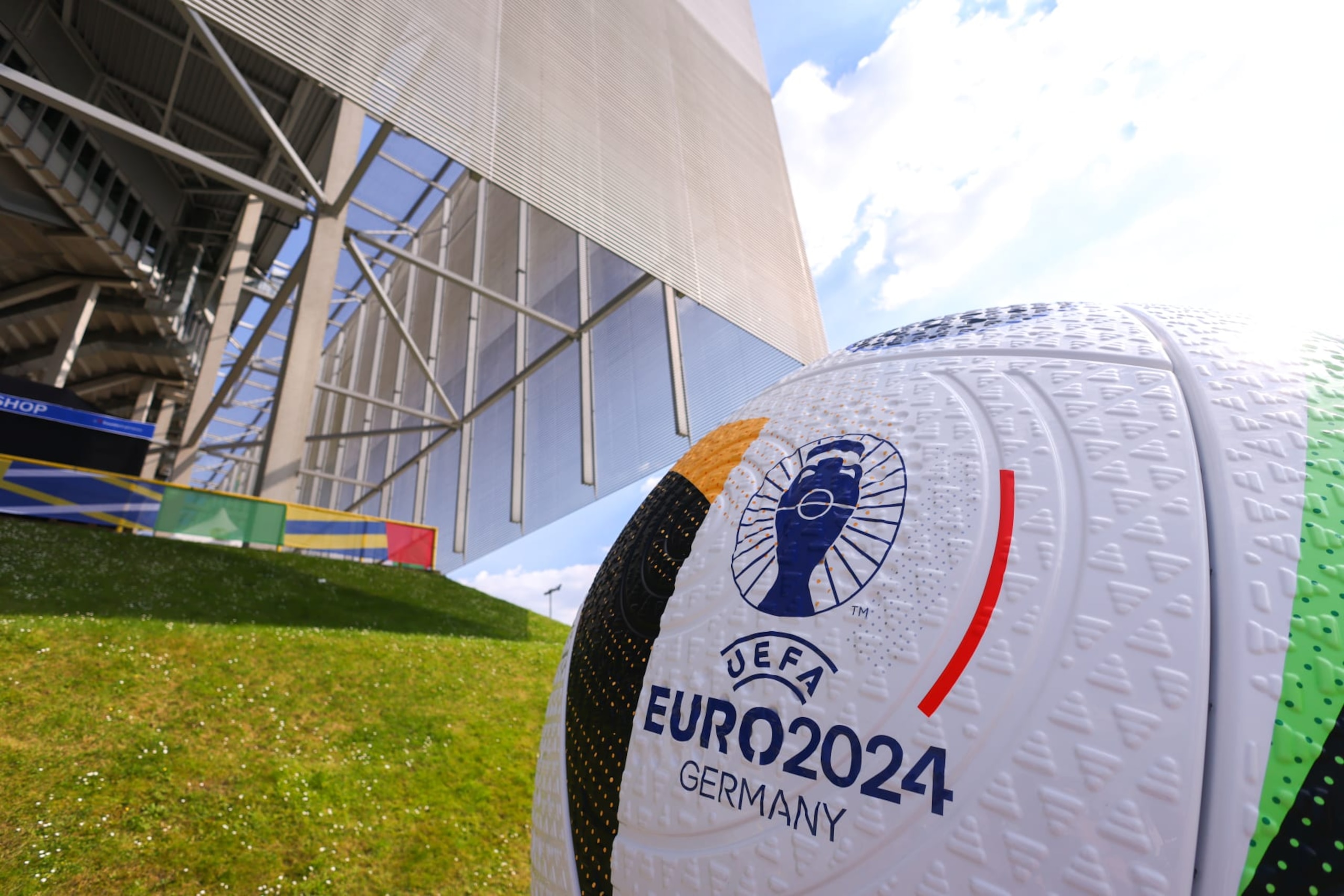 DUSSELDORF, GERMANY - JUNE 24: UEFA Euro 2024 Germany branding seen on a giant replica football sculpture ahead of the UEFA EURO 2024 group stage match between Albania and Spain at Dusseldorf Arena on June 24, 2024 in Dusseldorf, Germany.(Photo by Robbie Jay Barratt - AMA/Getty Images)