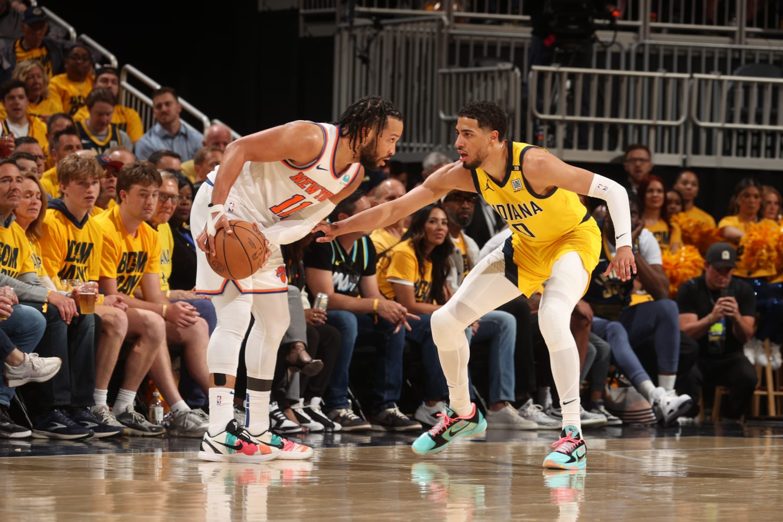 INDIANAPOLIS, IN - MAY 10: Jalen Brunson #11 of the New York Knicks handles the ball during the game against the Indiana Pacers during Round 2 Game 3 of the 2024 NBA Playoffs on May 10, 2024 at Gainbridge Fieldhouse in Indianapolis, Indiana. NOTE TO USER: User expressly acknowledges and agrees that, by downloading and or using this Photograph, user is consenting to the terms and conditions of the Getty Images License Agreement. Mandatory Copyright Notice: Copyright 2024 NBAE (Photo by Nathaniel S. Butler/NBAE via Getty Images) INDIANAPOLIS, IN - MAY 10: Jalen Brunson #11 of the New York Knicks handles the ball during the game against the Indiana Pacers during Round 2 Game 3 of the 2024 NBA Playoffs on May 10, 2024 at Gainbridge Fieldhouse in Indianapolis, Indiana. NOTE TO USER: User expressly acknowledges and agrees that, by downloading and or using this Photograph, user is consenting to the terms and conditions of the Getty Images License Agreement. Mandatory Copyright Notice: Copyright 2024 NBAE (Photo by Nathaniel S. Butler/NBAE via Getty Images)