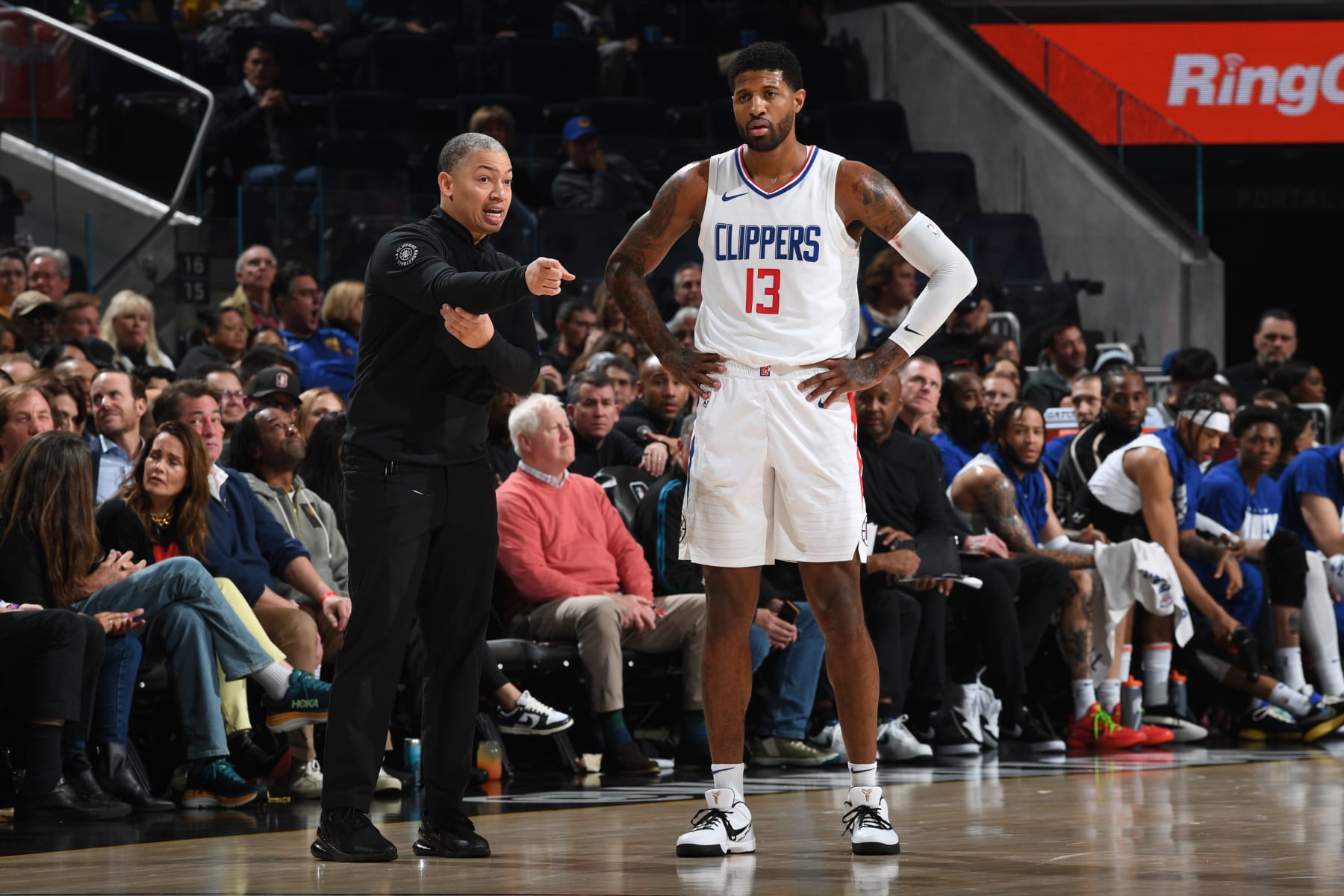 SAN FRANCISCO, CA - FEBRUARY 14: Head Coach Tyronn Lue talks to Paul George #13 of the LA Clippers during the game against the Golden State Warriors on FEBRUARY 14, 2024 at Chase Center in San Francisco, California. NOTE TO USER: User expressly acknowledges and agrees that, by downloading and or using this photograph, user is consenting to the terms and conditions of Getty Images License Agreement. Mandatory Copyright Notice: Copyright 2024 NBAE (Photo by Noah Graham/NBAE via Getty Images)
