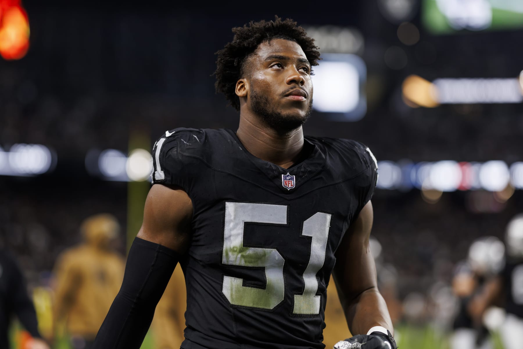 LAS VEGAS, NEVADA - NOVEMBER 12: Malcolm Koonce #51 of the Las Vegas Raiders walks off the field during an NFL football game against the New York Jets at Allegiant Stadium  on November 12, 2023 in Las Vegas, Nevada. (Photo by Ryan Kang/Getty Images)