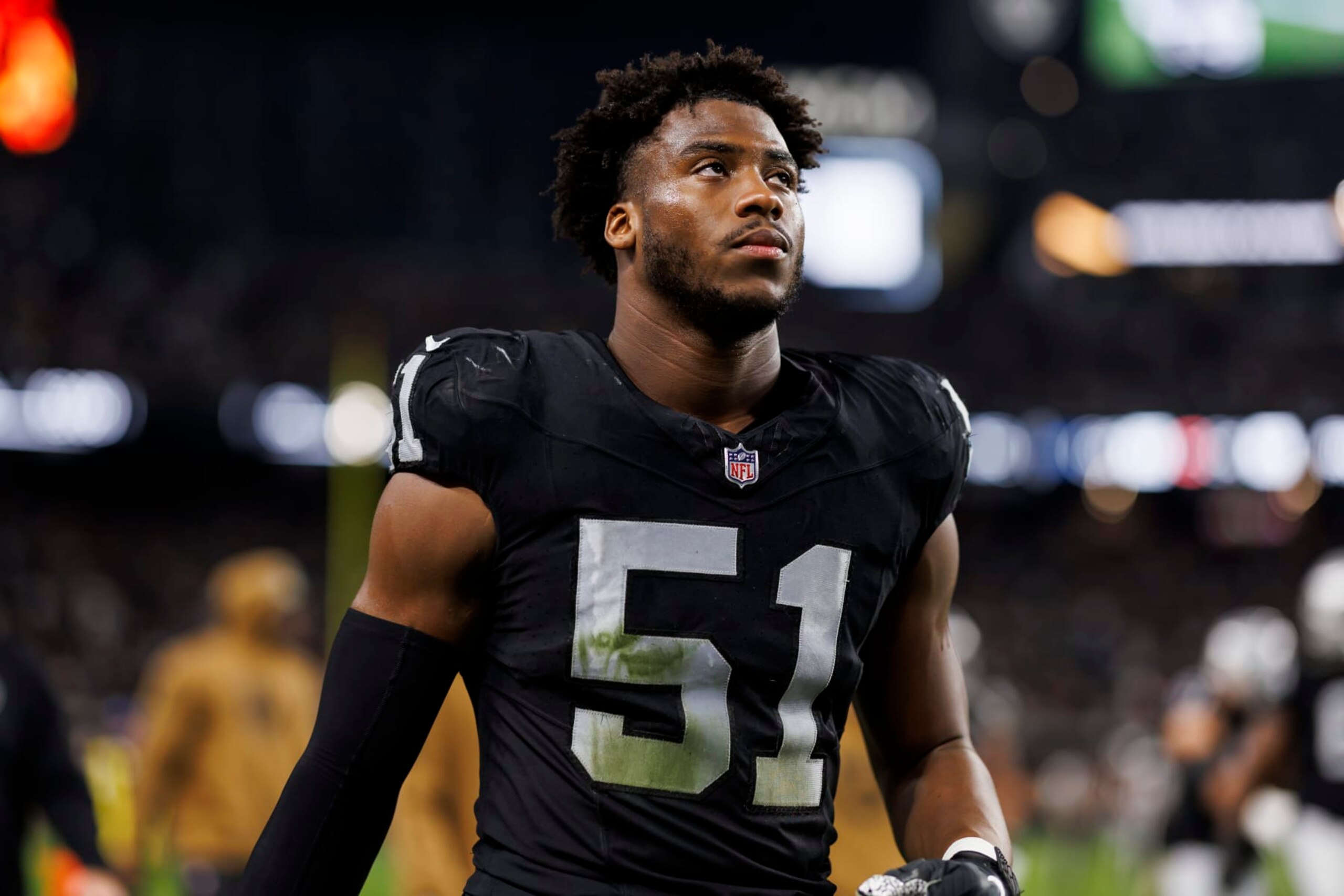 LAS VEGAS, NEVADA - NOVEMBER 12: Malcolm Koonce #51 of the Las Vegas Raiders walks off the field during an NFL football game against the New York Jets at Allegiant Stadium on November 12, 2023 in Las Vegas, Nevada. (Photo by Ryan Kang/Getty Images) LAS VEGAS, NEVADA - NOVEMBER 12: Malcolm Koonce #51 of the Las Vegas Raiders walks off the field during an NFL football game against the New York Jets at Allegiant Stadium on November 12, 2023 in Las Vegas, Nevada. (Photo by Ryan Kang/Getty Images)