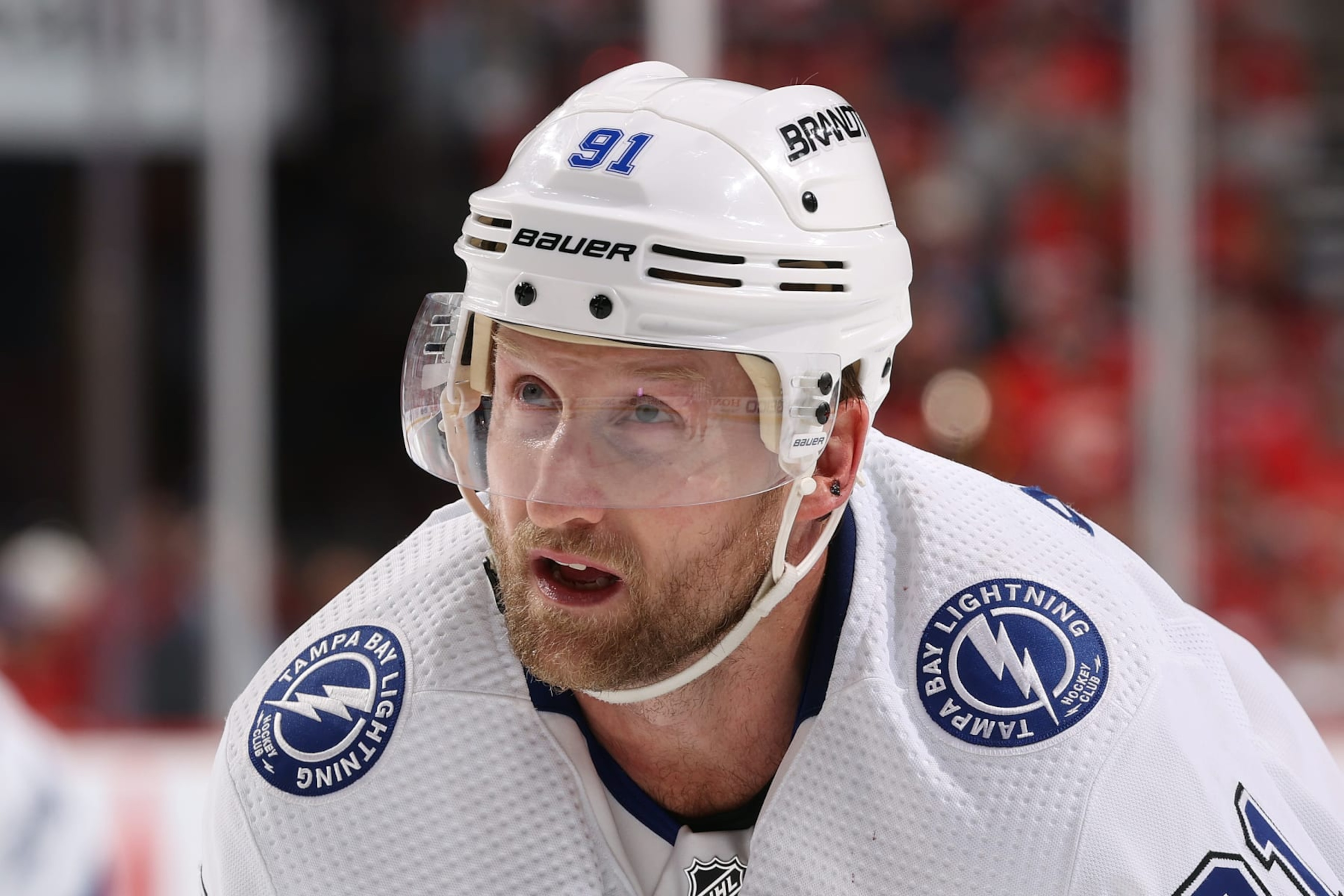 SUNRISE, FL - APRIL 29: Steven Stamkos #91 of the Tampa Bay Lightning prepares for a face-off against the Florida Panthers in Game Five of the First Round of the 2024 Stanley Cup Playoffs at the Amerant Bank Arena on April 29, 2024 in Sunrise, Florida. (Photo by Joel Auerbach/Getty Images) SUNRISE, FL - APRIL 29: Steven Stamkos #91 of the Tampa Bay Lightning prepares for a face-off against the Florida Panthers in Game Five of the First Round of the 2024 Stanley Cup Playoffs at the Amerant Bank Arena on April 29, 2024 in Sunrise, Florida. (Photo by Joel Auerbach/Getty Images)