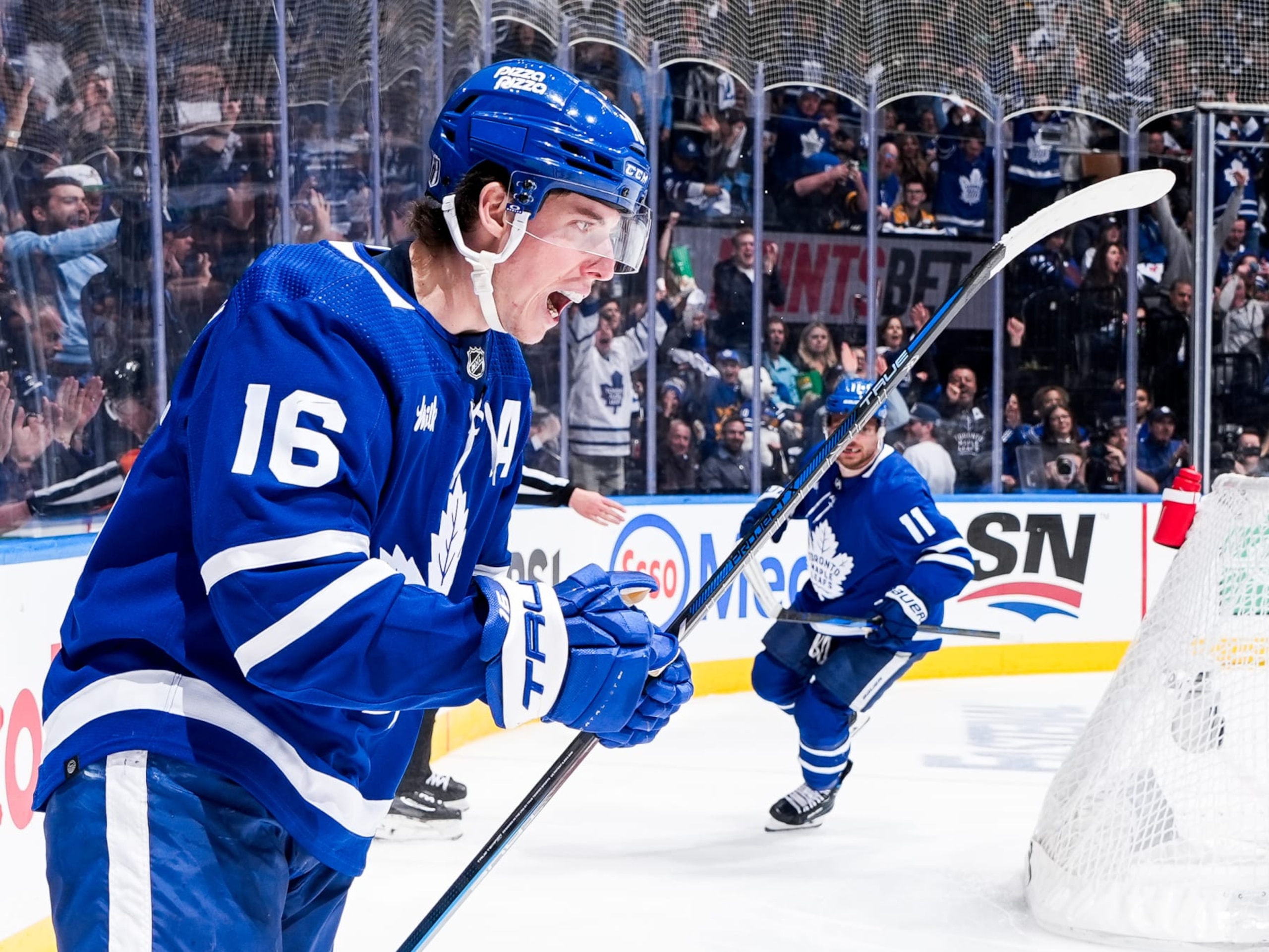 TORONTO, ON - APRIL 27: Mitch Marner #16 of the Toronto Maple Leafs celebrates his goal against the Boston Bruins during the third period in Game Four of the First Round of the 2024 Stanley Cup Playoffs at Scotiabank Arena on April 27, 2024 in Toronto, Ontario, Canada. (Photo by Mark Blinch/NHLI via Getty Images) TORONTO, ON - APRIL 27: Mitch Marner #16 of the Toronto Maple Leafs celebrates his goal against the Boston Bruins during the third period in Game Four of the First Round of the 2024 Stanley Cup Playoffs at Scotiabank Arena on April 27, 2024 in Toronto, Ontario, Canada. (Photo by Mark Blinch/NHLI via Getty Images)