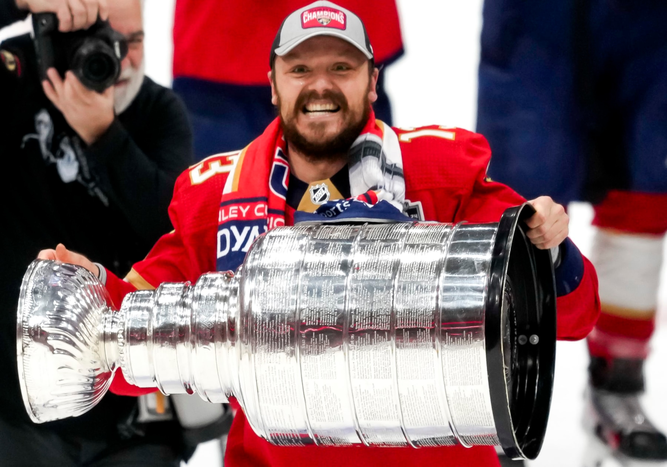 SUNRISE, FL - JUNE 24: Florida Panthers center Sam Reinhart (13) raises the Stanley Cup during the NHL Stanley Cup Finals, Game 7 between the Florida Panthers and Edmonton Oilers on June 24th, 2024 at Amerant Bank Arena in Sunrise, FL. (Photo by Andrew Bershaw/Icon Sportswire via Getty Images) SUNRISE, FL - JUNE 24: Florida Panthers center Sam Reinhart (13) raises the Stanley Cup during the NHL Stanley Cup Finals, Game 7 between the Florida Panthers and Edmonton Oilers on June 24th, 2024 at Amerant Bank Arena in Sunrise, FL. (Photo by Andrew Bershaw/Icon Sportswire via Getty Images)