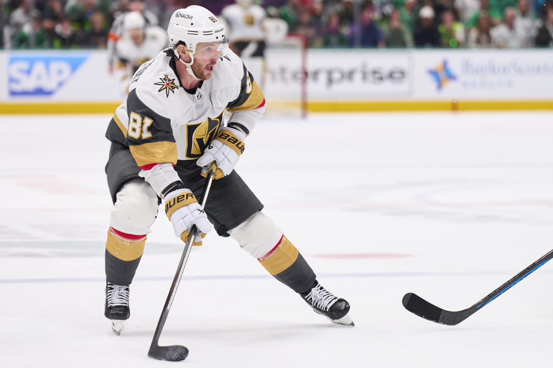 DALLAS, TEXAS - MAY 05: Jonathan Marchessault #81 of the Vegas Golden Knights controls the puck against the Dallas Stars in Game Seven of the First Round of the 2024 Stanley Cup Playoffs at the American Airlines Center on May 5, 2024 in Dallas, Texas.  (Photo by Cooper Neill/Getty Images)