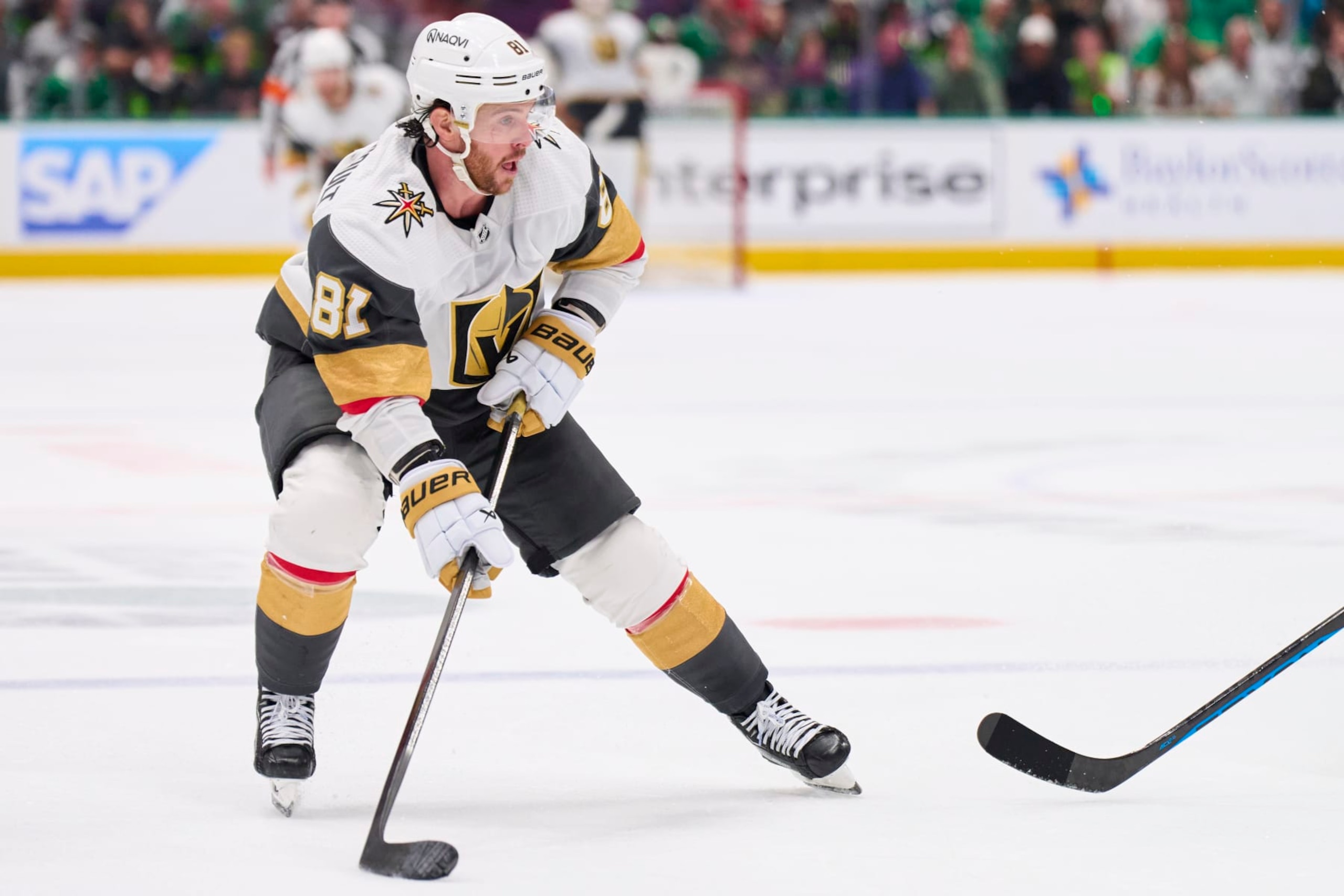 DALLAS, TEXAS - MAY 05: Jonathan Marchessault #81 of the Vegas Golden Knights controls the puck against the Dallas Stars in Game Seven of the First Round of the 2024 Stanley Cup Playoffs at the American Airlines Center on May 5, 2024 in Dallas, Texas. (Photo by Cooper Neill/Getty Images) DALLAS, TEXAS - MAY 05: Jonathan Marchessault #81 of the Vegas Golden Knights controls the puck against the Dallas Stars in Game Seven of the First Round of the 2024 Stanley Cup Playoffs at the American Airlines Center on May 5, 2024 in Dallas, Texas. (Photo by Cooper Neill/Getty Images)
