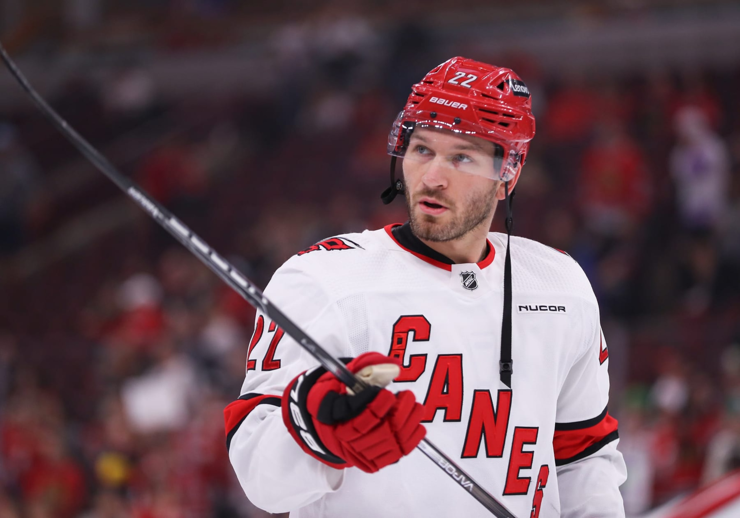 CHICAGO, IL - APRIL 14: Brett Pesce #22 of the Carolina Hurricanes looks on prior to a game against the Chicago Blackhawks at the United Center on April 14, 2024 in Chicago, Illinois. (Photo by Melissa Tamez/Icon Sportswire via Getty Images) CHICAGO, IL - APRIL 14: Brett Pesce #22 of the Carolina Hurricanes looks on prior to a game against the Chicago Blackhawks at the United Center on April 14, 2024 in Chicago, Illinois. (Photo by Melissa Tamez/Icon Sportswire via Getty Images)