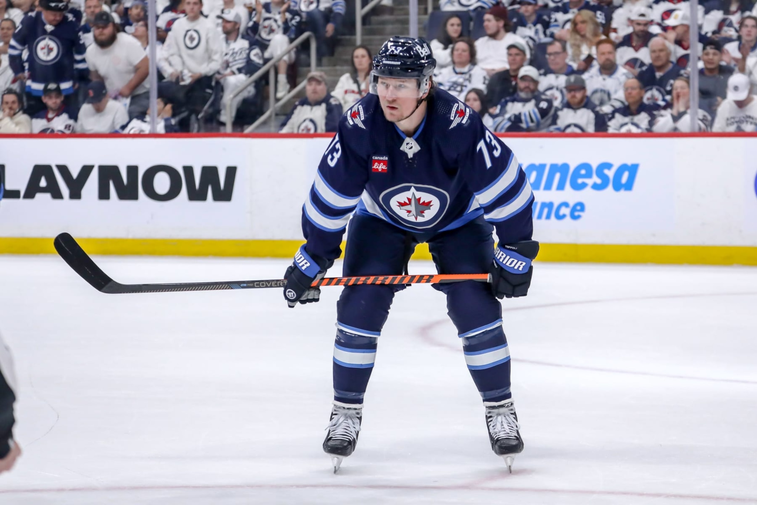 WINNIPEG, CANADA - APRIL 30: Tyler Toffoli #73 of the Winnipeg Jets looks on during a third period face-off against the Colorado Avalanche in Game Five of the First Round of the 2024 Stanley Cup Playoffs at the Canada Life Centre on April 30, 2024 in Winnipeg, Manitoba, Canada. The Avs defeated the Jets 6-3 and win the series 4-1. (Photo by Darcy Finley/NHLI via Getty Images) WINNIPEG, CANADA - APRIL 30: Tyler Toffoli #73 of the Winnipeg Jets looks on during a third period face-off against the Colorado Avalanche in Game Five of the First Round of the 2024 Stanley Cup Playoffs at the Canada Life Centre on April 30, 2024 in Winnipeg, Manitoba, Canada. The Avs defeated the Jets 6-3 and win the series 4-1. (Photo by Darcy Finley/NHLI via Getty Images)