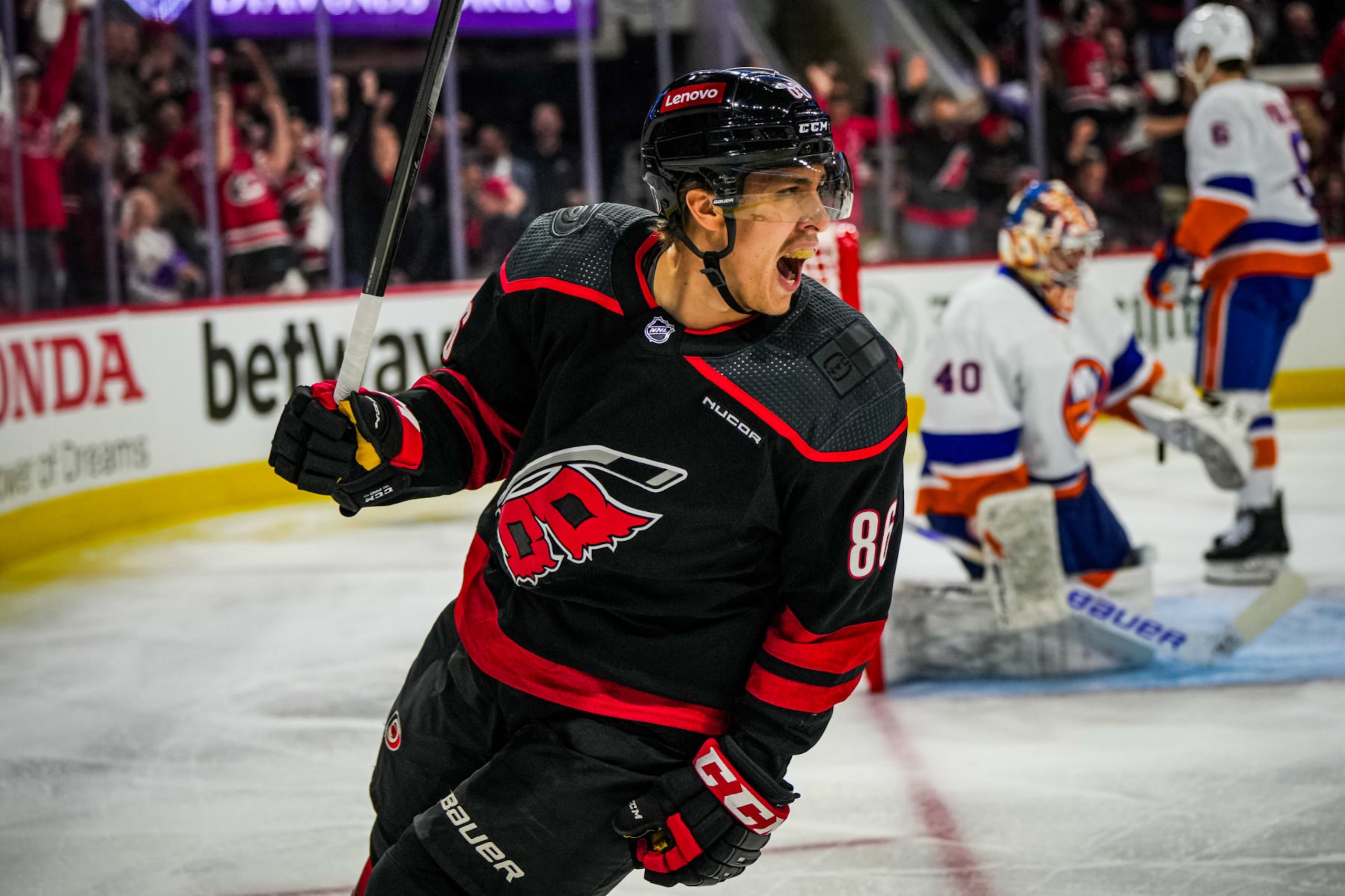 RALEIGH, NORTH CAROLINA - APRIL 30: Teuvo Teravainen #86 of the Carolina Hurricanes celebrates after a goal during the first period against the New York Islanders in Game Five of the First Round of the 2024 Stanley Cup Playoffs at PNC Arena on April 30, 2024 in Raleigh, North Carolina. (Photo by Josh Lavallee/NHLI via Getty Images) RALEIGH, NORTH CAROLINA - APRIL 30: Teuvo Teravainen #86 of the Carolina Hurricanes celebrates after a goal during the first period against the New York Islanders in Game Five of the First Round of the 2024 Stanley Cup Playoffs at PNC Arena on April 30, 2024 in Raleigh, North Carolina. (Photo by Josh Lavallee/NHLI via Getty Images)