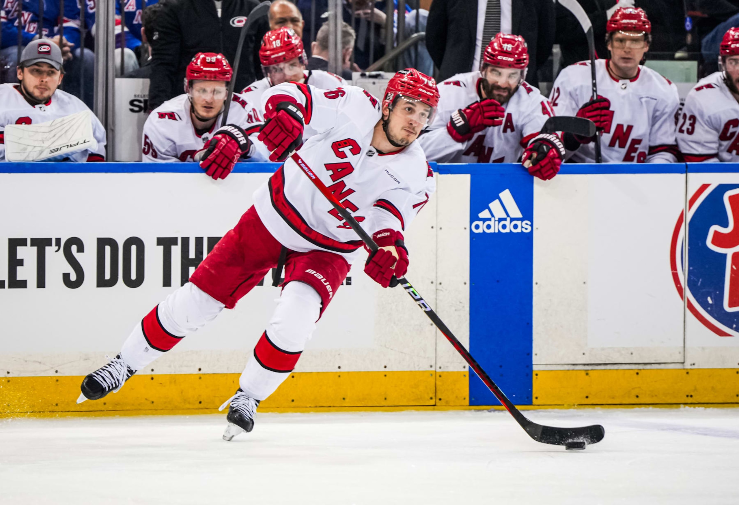 NEW YORK, NEW YORK- MAY 13: Brady Skjei #76 of the Carolina Hurricanes skates during the second period against the New York Rangers in Game Five of the Second Round of the 2024 Stanley Cup Playoffs at Madison Square Garden on May 13, 2024 in New York City. (Photo by Josh Lavallee/NHLI via Getty Images) NEW YORK, NEW YORK- MAY 13: Brady Skjei #76 of the Carolina Hurricanes skates during the second period against the New York Rangers in Game Five of the Second Round of the 2024 Stanley Cup Playoffs at Madison Square Garden on May 13, 2024 in New York City. (Photo by Josh Lavallee/NHLI via Getty Images)