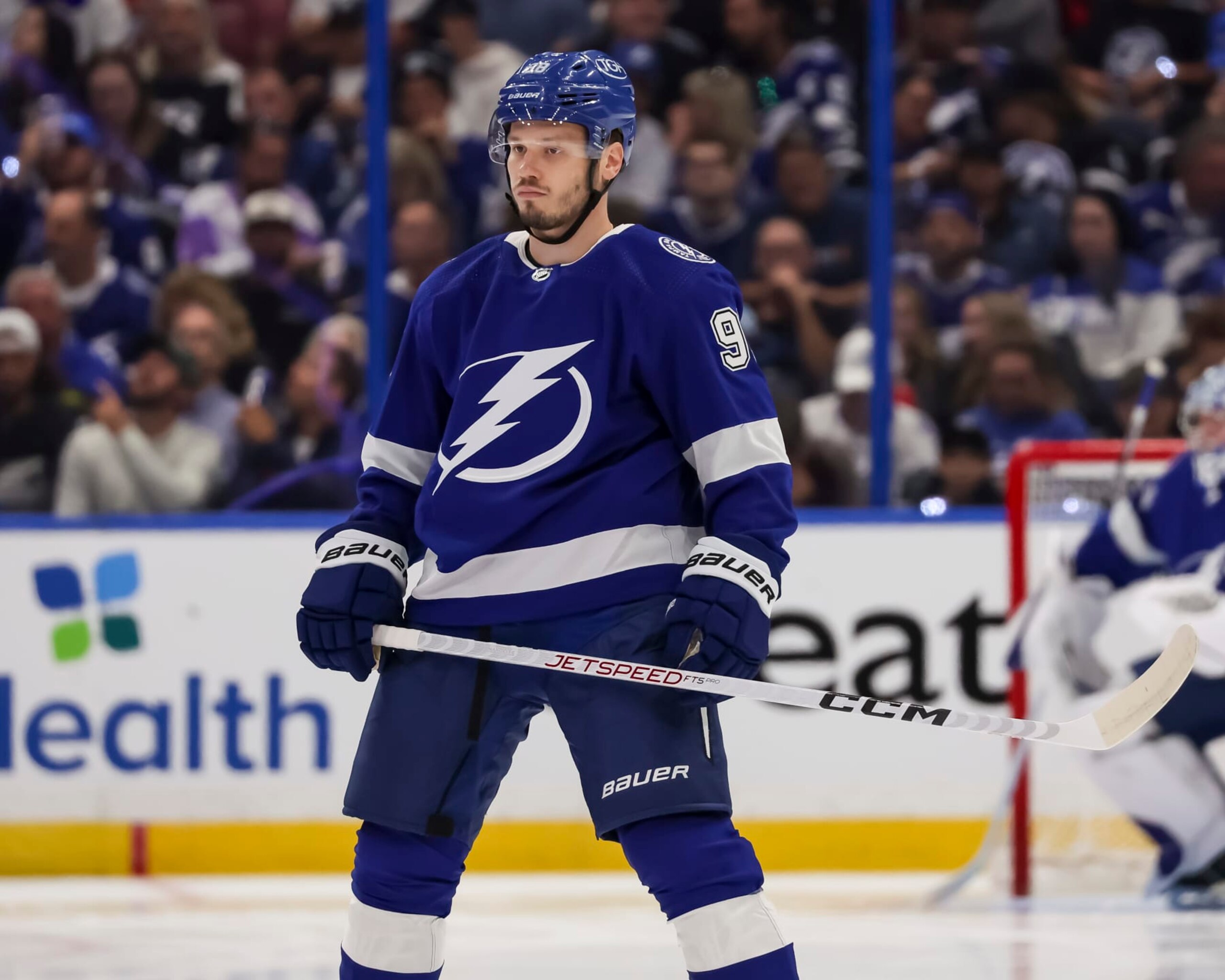 TAMPA, FL - APRIL 27: Mikhail Sergachev #98 of the Tampa Bay Lightning before the game against the Florida Panthers in Game Four of the First Round of the 2024 Stanley Cup Playoffs at Amalie Arena on April 27, 2024 in Tampa, Florida. (Photo by Mark LoMoglio/NHLI via Getty Images) TAMPA, FL - APRIL 27: Mikhail Sergachev #98 of the Tampa Bay Lightning before the game against the Florida Panthers in Game Four of the First Round of the 2024 Stanley Cup Playoffs at Amalie Arena on April 27, 2024 in Tampa, Florida. (Photo by Mark LoMoglio/NHLI via Getty Images)