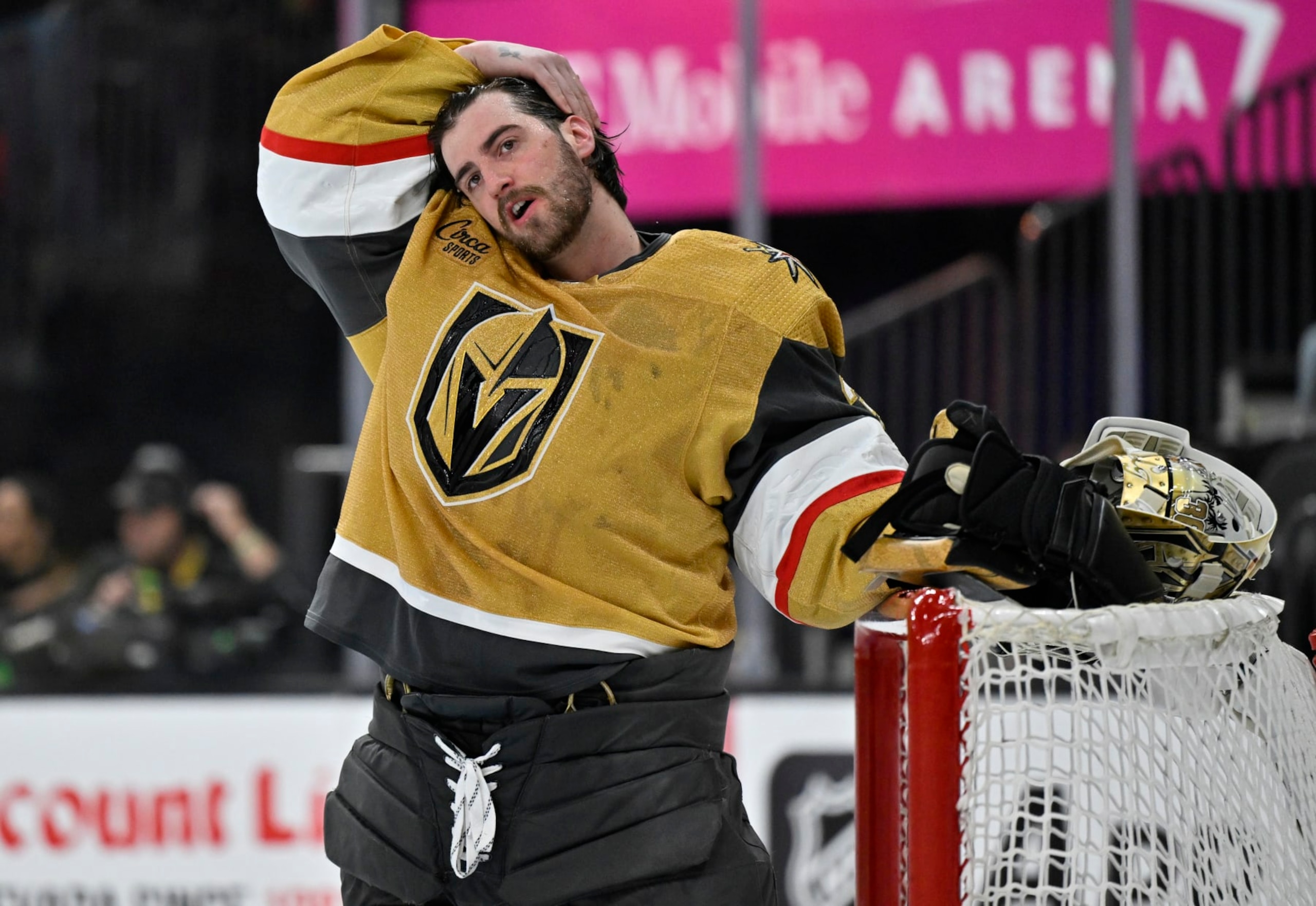 LAS VEGAS, NEVADA - APRIL 29: Logan Thompson #36 of the Vegas Golden Knights looks on prior to the start of the second period against the Dallas Stars in Game Four of the First Round of the 2024 Stanley Cup Playoffs at T-Mobile Arena on April 29, 2024 in Las Vegas, Nevada. (Photo by David Becker/NHLI via Getty Images) LAS VEGAS, NEVADA - APRIL 29: Logan Thompson #36 of the Vegas Golden Knights looks on prior to the start of the second period against the Dallas Stars in Game Four of the First Round of the 2024 Stanley Cup Playoffs at T-Mobile Arena on April 29, 2024 in Las Vegas, Nevada. (Photo by David Becker/NHLI via Getty Images)