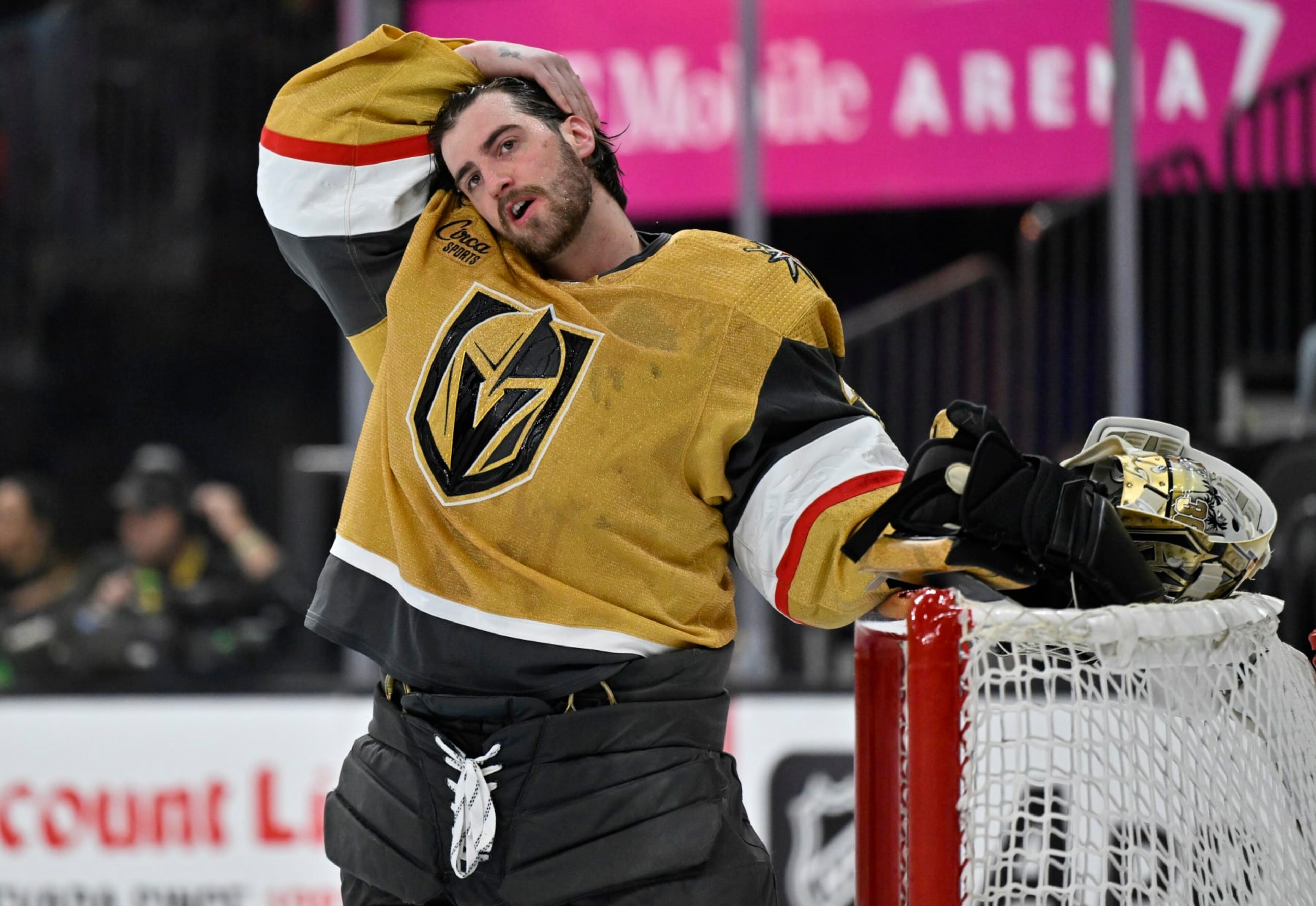 LAS VEGAS, NEVADA - APRIL 29: Logan Thompson #36 of the Vegas Golden Knights looks on prior to the start of the second period against the Dallas Stars in Game Four of the First Round of the 2024 Stanley Cup Playoffs at T-Mobile Arena on April 29, 2024 in Las Vegas, Nevada. (Photo by David Becker/NHLI via Getty Images) LAS VEGAS, NEVADA - APRIL 29: Logan Thompson #36 of the Vegas Golden Knights looks on prior to the start of the second period against the Dallas Stars in Game Four of the First Round of the 2024 Stanley Cup Playoffs at T-Mobile Arena on April 29, 2024 in Las Vegas, Nevada. (Photo by David Becker/NHLI via Getty Images)