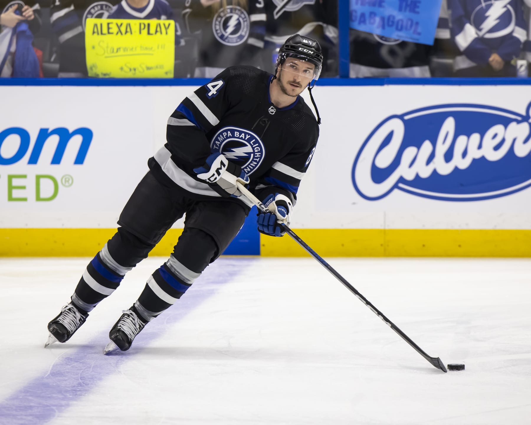 TAMPA, FL - APRIL 17: Tanner Jeannot #84 of the Tampa Bay Lightning gets ready for the game against the Toronto Maple Leafs at Amalie Arena on April 17, 2024 in Tampa, Florida. (Photo by Mark LoMoglio/NHLI via Getty Images)