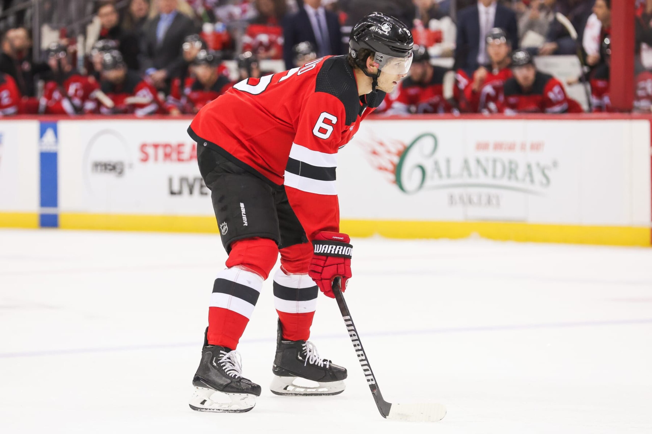 NEWARK, NJ - APRIL 02: New Jersey Devils defenseman John Marino (6) looks on during a game between the Pittsburgh Penguins and New Jersey Devils on April 2, 2024 at Prudential Center in the Newark, New Jersey. (Photo by Andrew Mordzynski/Icon Sportswire via Getty Images) NEWARK, NJ - APRIL 02: New Jersey Devils defenseman John Marino (6) looks on during a game between the Pittsburgh Penguins and New Jersey Devils on April 2, 2024 at Prudential Center in the Newark, New Jersey. (Photo by Andrew Mordzynski/Icon Sportswire via Getty Images)