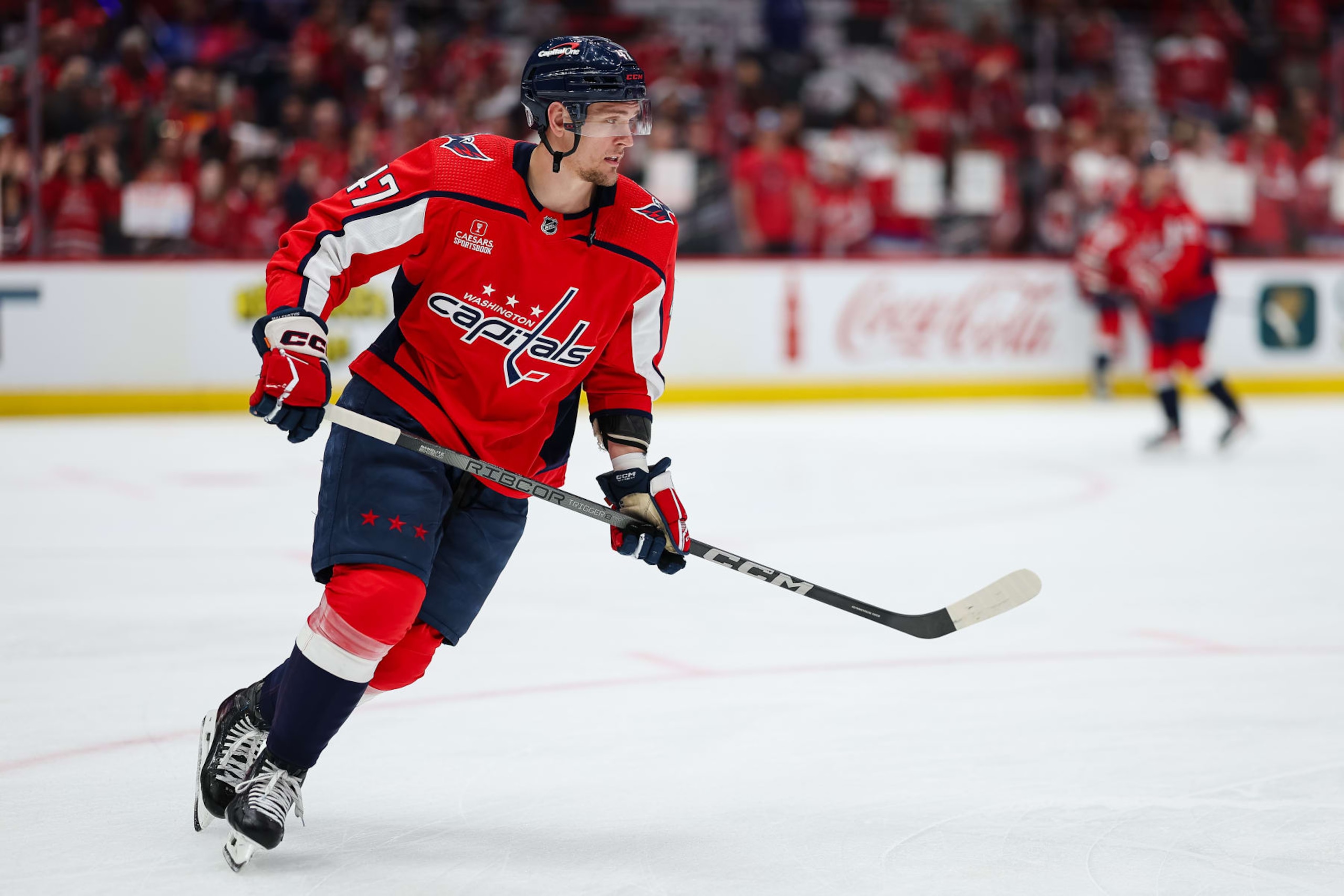 WASHINGTON, DC - APRIL 28: Beck Malenstyn #47 of the Washington Capitals skates before Game Four of the First Round of the 2024 Stanley Cup Playoffs against the New York Rangers at Capital One Arena on April 28, 2024 in Washington, DC. (Photo by Scott Taetsch/Getty Images) WASHINGTON, DC - APRIL 28: Beck Malenstyn #47 of the Washington Capitals skates before Game Four of the First Round of the 2024 Stanley Cup Playoffs against the New York Rangers at Capital One Arena on April 28, 2024 in Washington, DC. (Photo by Scott Taetsch/Getty Images)