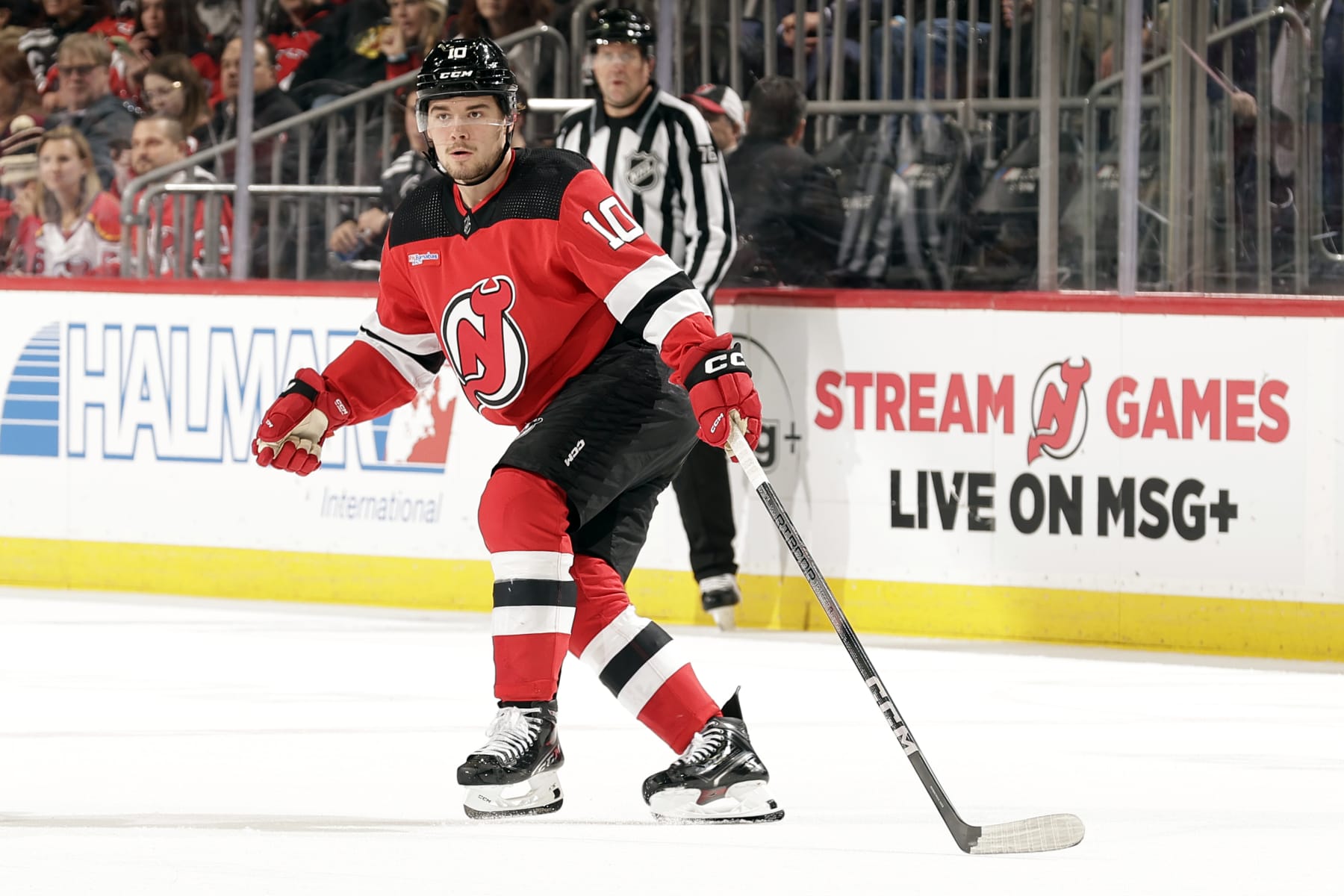 NEWARK, NJ - APRIL 2: Alexander Holtz #10 of the New Jersey Devils in action against the Pittsburgh Penguins during the second period at the Prudential Center on April 2, 2024 in Newark, New Jersey. (Photo by Adam Hunger/Getty Images)