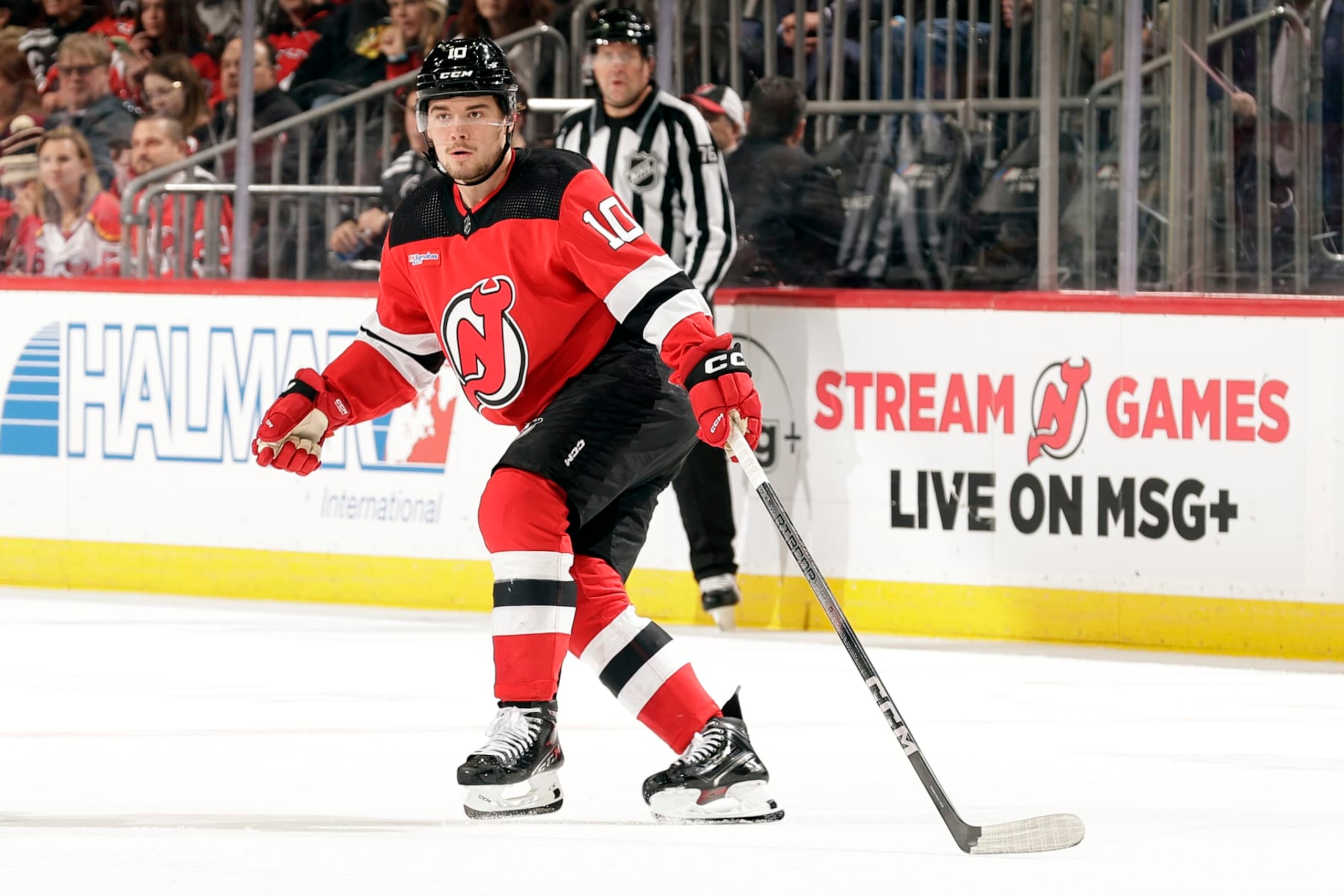 NEWARK, NJ - APRIL 2: Alexander Holtz #10 of the New Jersey Devils in action against the Pittsburgh Penguins during the second period at the Prudential Center on April 2, 2024 in Newark, New Jersey. (Photo by Adam Hunger/Getty Images) NEWARK, NJ - APRIL 2: Alexander Holtz #10 of the New Jersey Devils in action against the Pittsburgh Penguins during the second period at the Prudential Center on April 2, 2024 in Newark, New Jersey. (Photo by Adam Hunger/Getty Images)