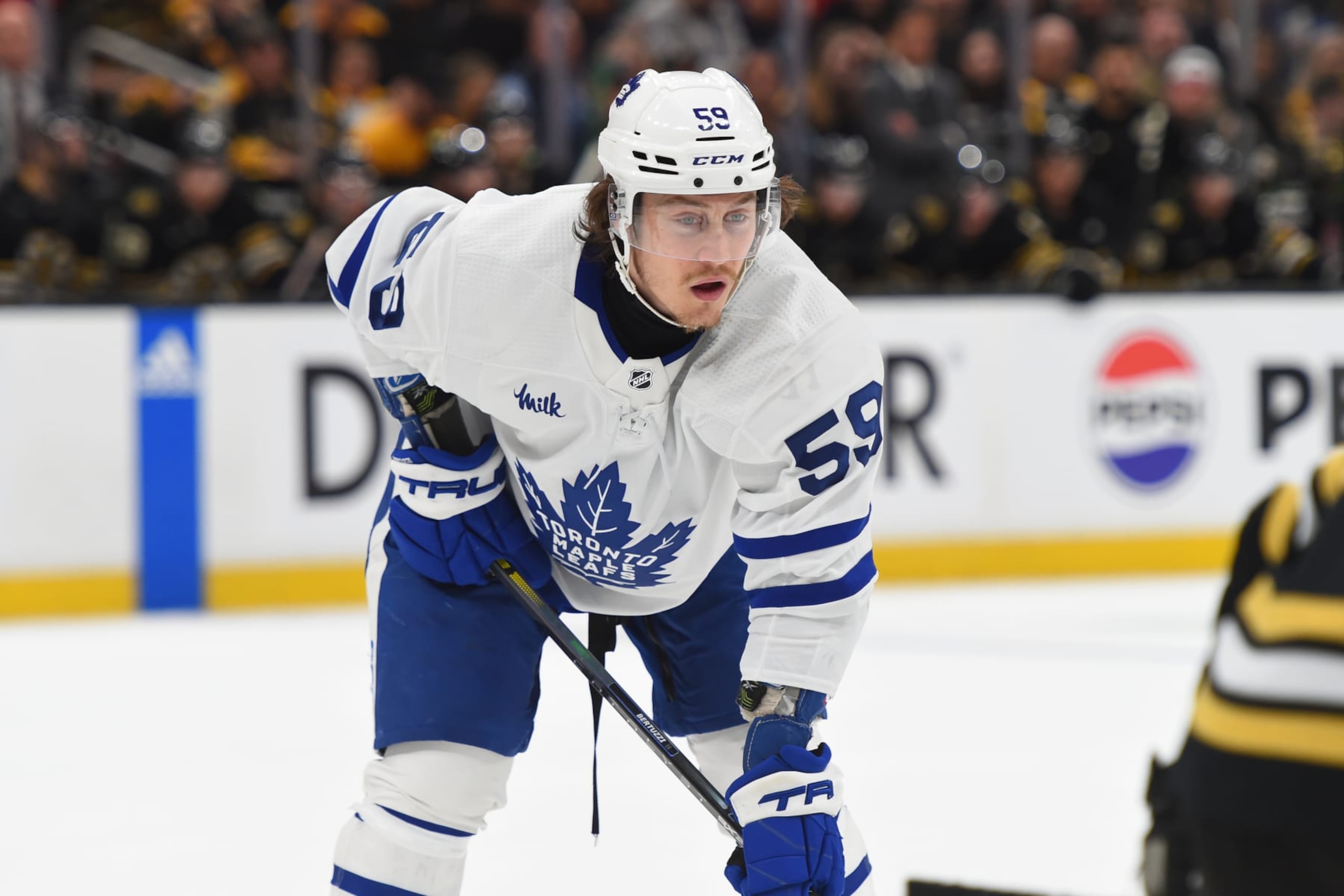 BOSTON, MASSACHUSETTS - MAY 4: Tyler Bertuzzi #59 of the Toronto Maple Leafs waits for a face off against the Boston Bruins in Game Seven of the First Round of the 2024 Stanley Cup Playoffs at the TD Garden on May 4, 2024 in Boston, Massachusetts. (Photo by Steve Babineau/NHLI via Getty Images) BOSTON, MASSACHUSETTS - MAY 4: Tyler Bertuzzi #59 of the Toronto Maple Leafs waits for a face off against the Boston Bruins in Game Seven of the First Round of the 2024 Stanley Cup Playoffs at the TD Garden on May 4, 2024 in Boston, Massachusetts. (Photo by Steve Babineau/NHLI via Getty Images)