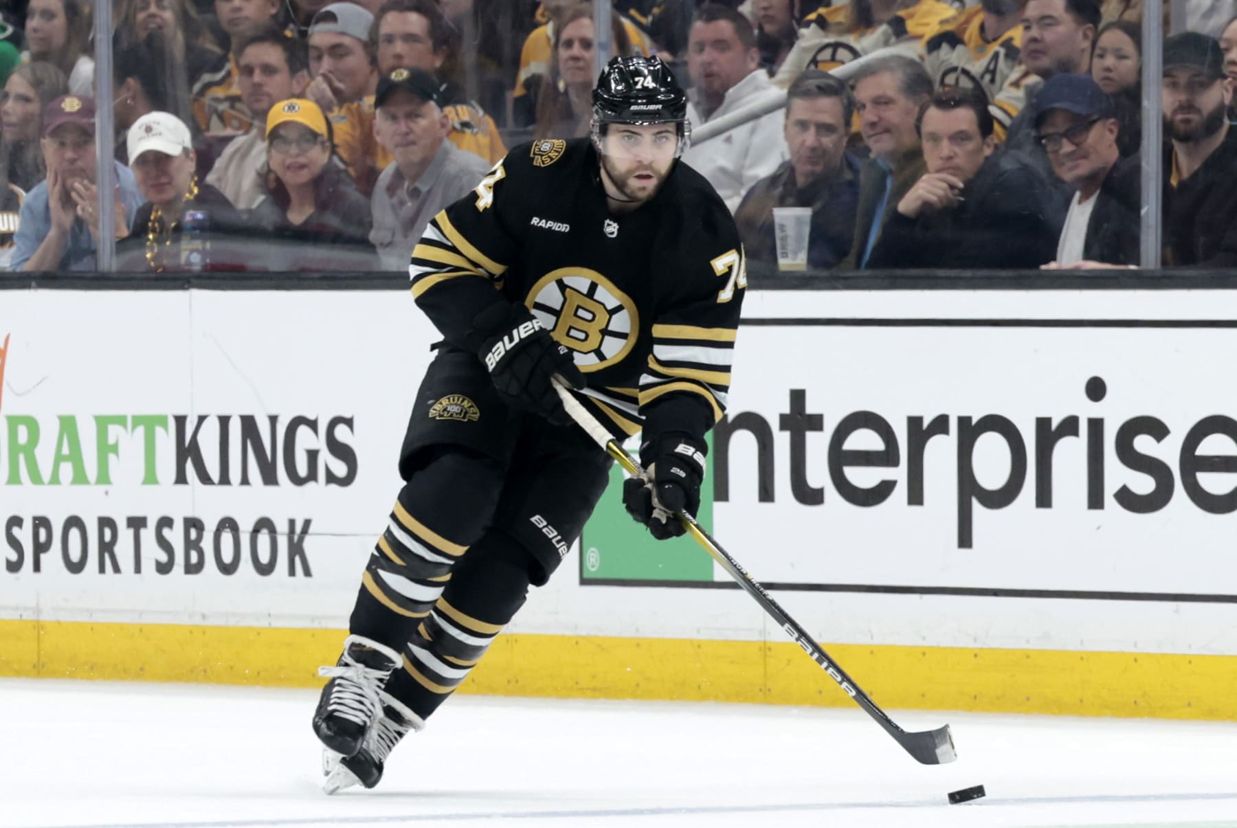 BOSTON, MA - MAY 17: Boston Bruins left wing Jake DeBrusk (74) carries the puck during Game 6 of the Eastern Conference Second Round playoffs between the Boston Bruins and the Florida Panthers  on May 17, 2024, at TD Garden in Boston, Massachusetts.(Photo by Fred Kfoury III/Icon Sportswire via Getty Images)