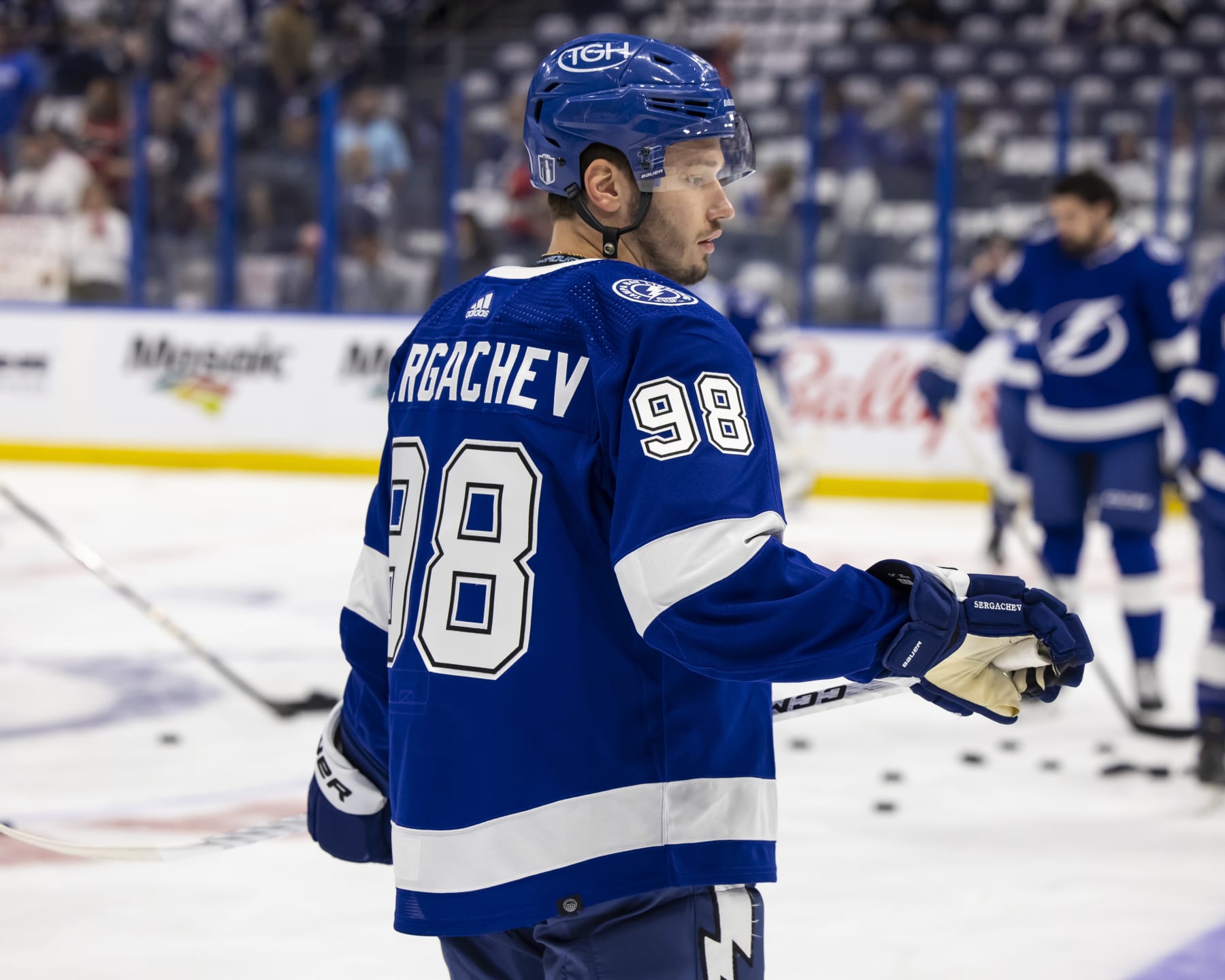 TAMPA, FL - APRIL 27: Mikhail Sergachev #98 of the Tampa Bay Lightning gets ready for the game against the Florida Panthers in Game Four of the First Round of the 2024 Stanley Cup Playoffs at Amalie Arena on April 27, 2024 in Tampa, Florida. (Photo by Mark LoMoglio/NHLI via Getty Images)
