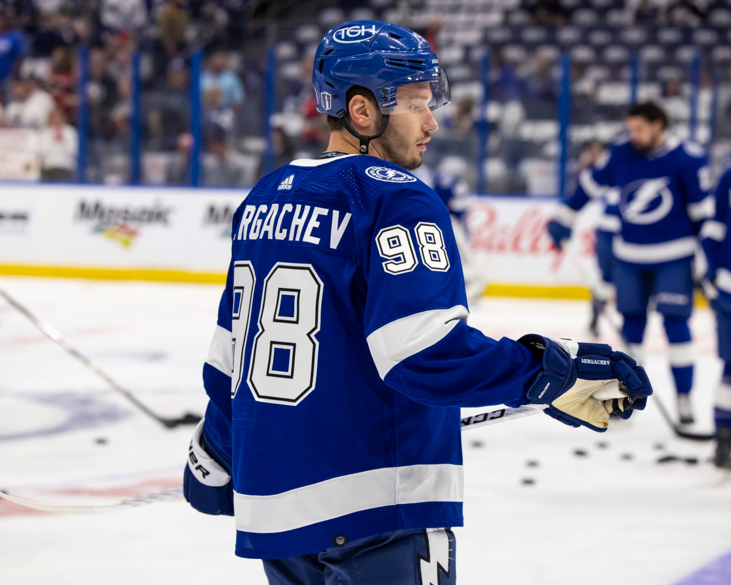 TAMPA, FL - APRIL 27: Mikhail Sergachev #98 of the Tampa Bay Lightning gets ready for the game against the Florida Panthers in Game Four of the First Round of the 2024 Stanley Cup Playoffs at Amalie Arena on April 27, 2024 in Tampa, Florida. (Photo by Mark LoMoglio/NHLI via Getty Images)
