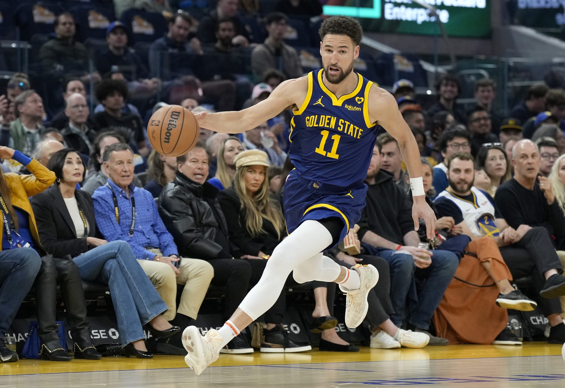 SAN FRANCISCO, CALIFORNIA - APRIL 07: Klay Thompson #11 of the Golden State Warriors dribbles the ball against the Utah Jazz during the first half of an NBA basketball game at Chase Center on April 07, 2024 in San Francisco, California. NOTE TO USER: User expressly acknowledges and agrees that, by downloading and or using this photograph, User is consenting to the terms and conditions of the Getty Images License Agreement. (Photo by Thearon W. Henderson/Getty Images)