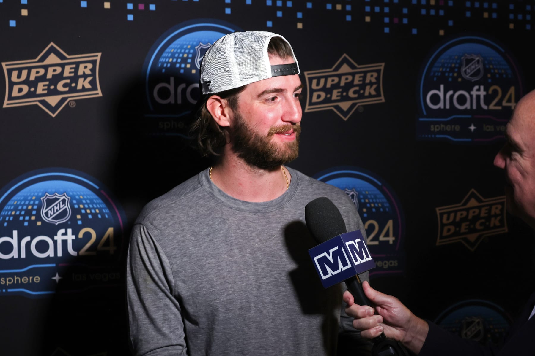LAS VEGAS, NEVADA - JUNE 29:  Logan Thompson speaks to the media after recently being traded from the Vegas Golden Knights to the \wsh during the 2024 Upper Deck NHL Draft at Sphere on June 29, 2024 in Las Vegas, Nevada. (Photo by Ethan Miller/Getty Images)