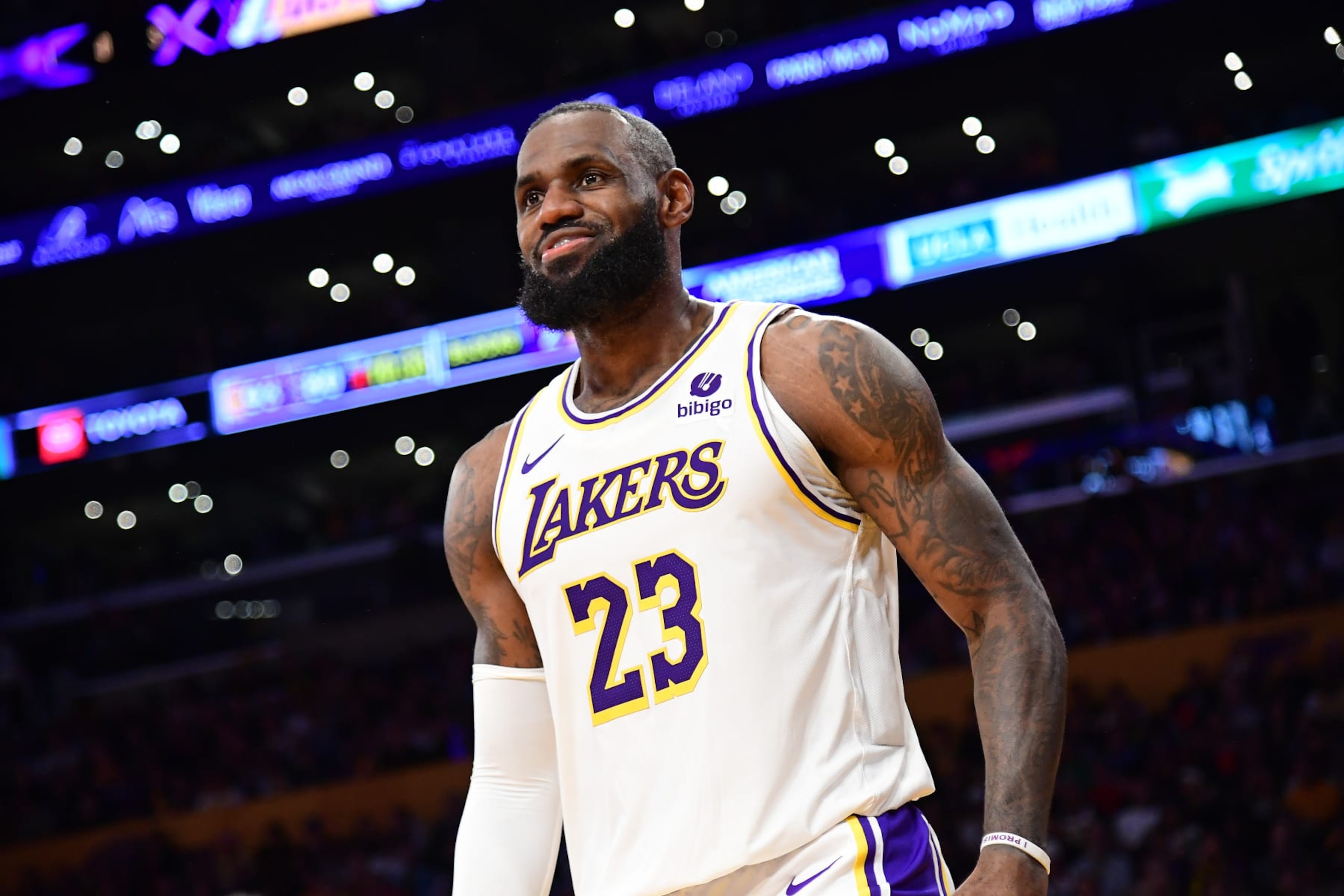 LOS ANGELES, CA - APRIL 27: LeBron James #23 of the Los Angeles Lakers smiles during the game against the Denver Nuggets during Round 1 Game 4 of the 2024 NBA Playoffs on April 27, 2024 at Crypto.Com Arena in Los Angeles, California. NOTE TO USER: User expressly acknowledges and agrees that, by downloading and/or using this Photograph, user is consenting to the terms and conditions of the Getty Images License Agreement. Mandatory Copyright Notice: Copyright 2024 NBAE (Photo by Adam Pantozzi/NBAE via Getty Images) LOS ANGELES, CA - APRIL 27: LeBron James #23 of the Los Angeles Lakers smiles during the game against the Denver Nuggets during Round 1 Game 4 of the 2024 NBA Playoffs on April 27, 2024 at Crypto.Com Arena in Los Angeles, California. NOTE TO USER: User expressly acknowledges and agrees that, by downloading and/or using this Photograph, user is consenting to the terms and conditions of the Getty Images License Agreement. Mandatory Copyright Notice: Copyright 2024 NBAE (Photo by Adam Pantozzi/NBAE via Getty Images)