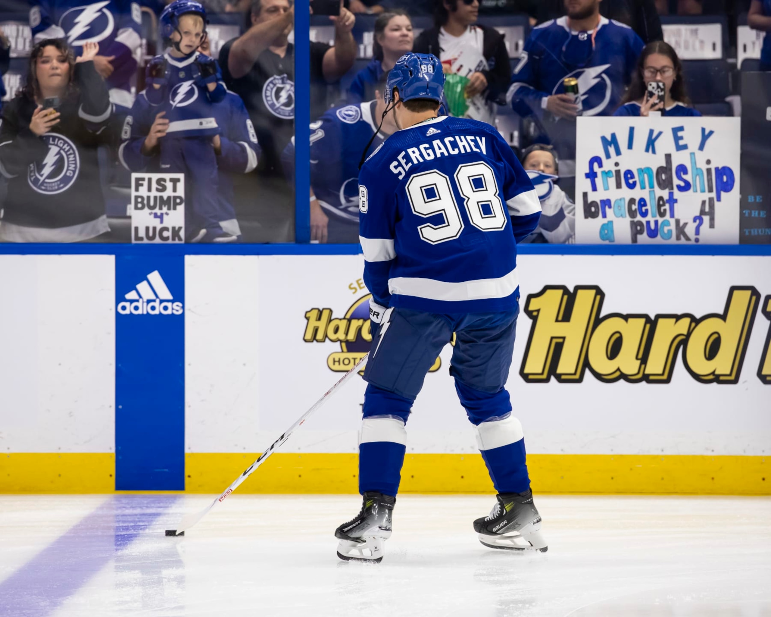 TAMPA, FL - APRIL 27: Mikhail Sergachev #98 of the Tampa Bay Lightning gets ready for the game against the Florida Panthers in Game Four of the First Round of the 2024 Stanley Cup Playoffs at Amalie Arena on April 27, 2024 in Tampa, Florida. (Photo by Mark LoMoglio/NHLI via Getty Images) TAMPA, FL - APRIL 27: Mikhail Sergachev #98 of the Tampa Bay Lightning gets ready for the game against the Florida Panthers in Game Four of the First Round of the 2024 Stanley Cup Playoffs at Amalie Arena on April 27, 2024 in Tampa, Florida. (Photo by Mark LoMoglio/NHLI via Getty Images)