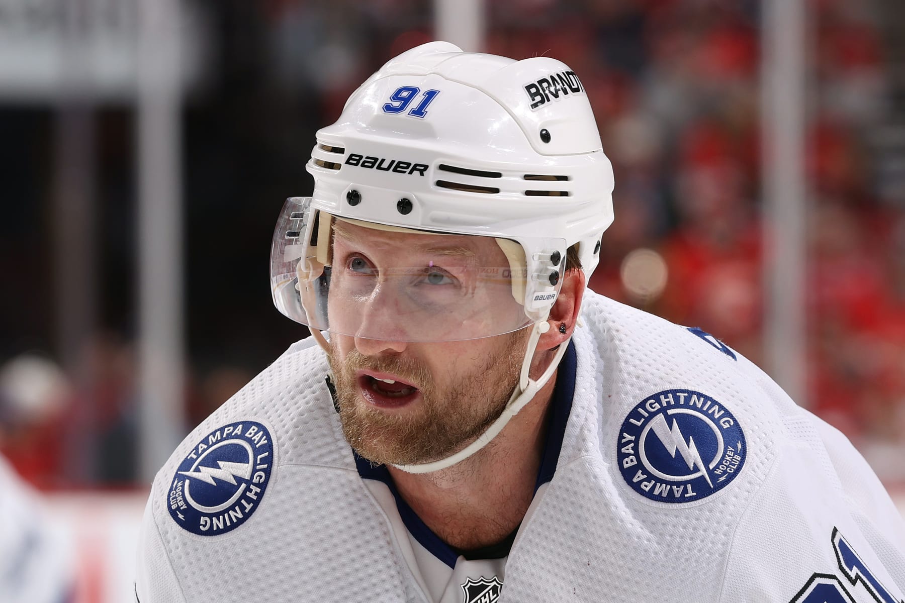 SUNRISE, FL - APRIL 29: Steven Stamkos #91 of the Tampa Bay Lightning prepares for a face-off against the Florida Panthers in Game Five of the First Round of the 2024 Stanley Cup Playoffs at the Amerant Bank Arena on April 29, 2024 in Sunrise, Florida. (Photo by Joel Auerbach/Getty Images)