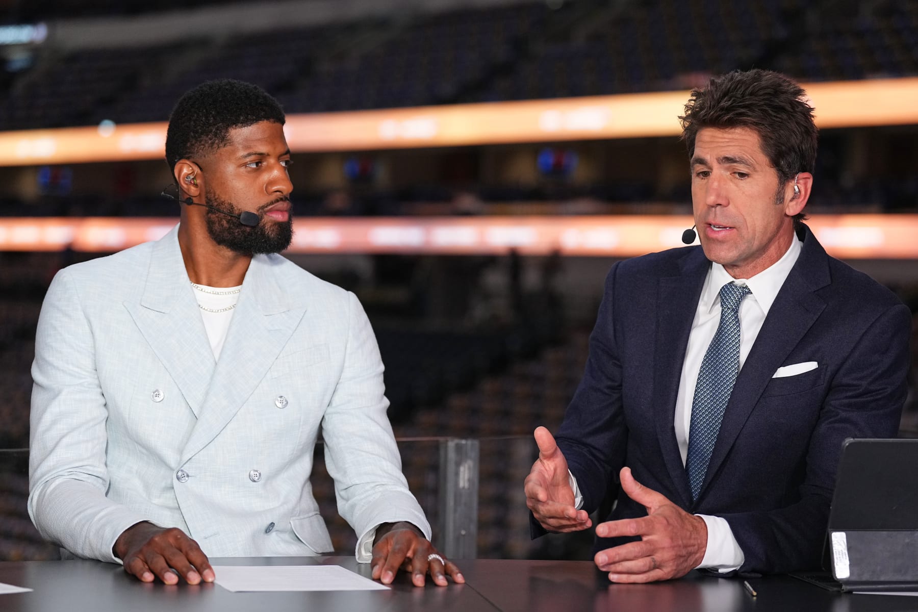 DALLAS, TX - JUNE 12: Paul George and Bob Meyers look on before the game between the Boston Celtics and the Dallas Mavericks during Game 3 of the 2024 NBA Finals on June 12, 2024 at the American Airlines Center in Dallas, Texas. NOTE TO USER: User expressly acknowledges and agrees that, by downloading and or using this photograph, User is consenting to the terms and conditions of the Getty Images License Agreement. Mandatory Copyright Notice: Copyright 2024 NBAE (Photo by Garrett Ellwood/NBAE via Getty Images)