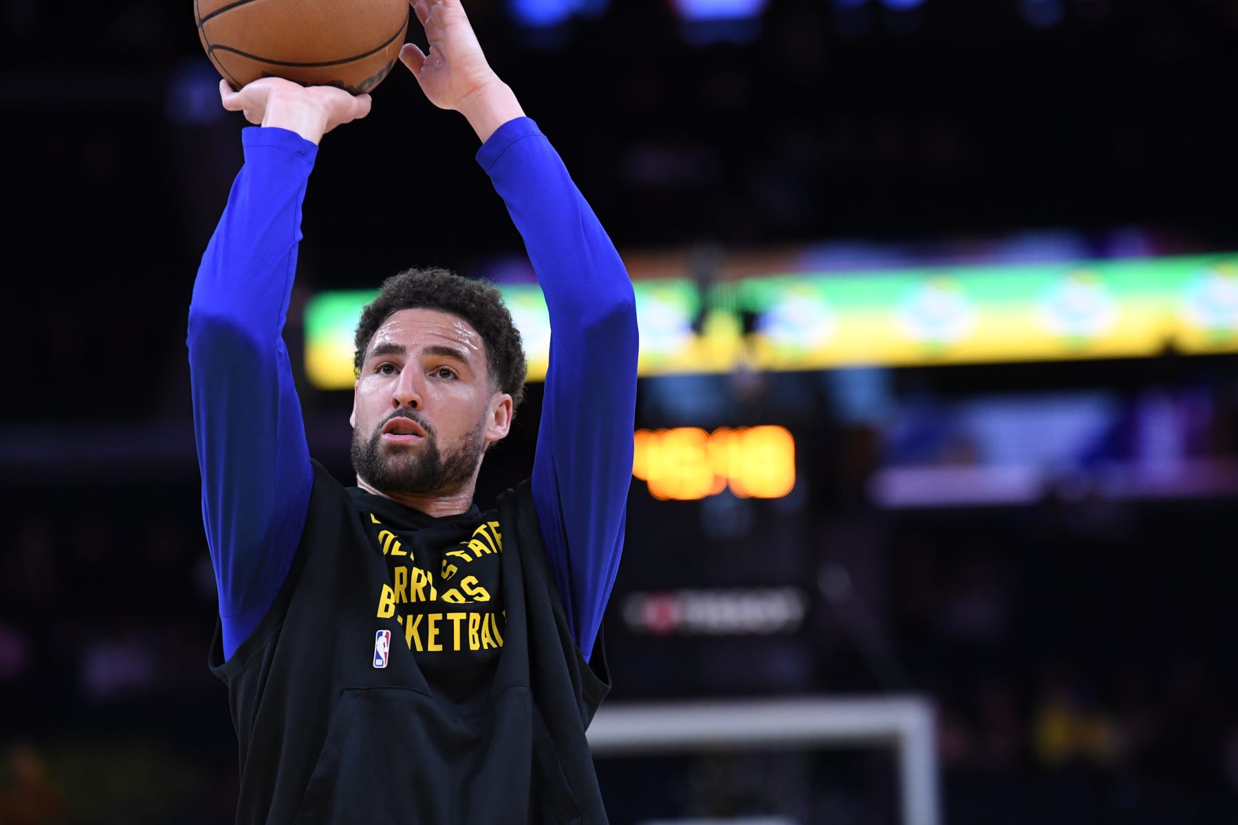 SAN FRANCISCO, CA - APRIL 14: Klay Thompson #11 of the Golden State Warriors warms up before the game against the Utah Jazz on April 14, 2024 at Chase Center in San Francisco, California. NOTE TO USER: User expressly acknowledges and agrees that, by downloading and or using this photograph, user is consenting to the terms and conditions of Getty Images License Agreement. Mandatory Copyright Notice: Copyright 2024 NBAE (Photo by Noah Graham/NBAE via Getty Images) SAN FRANCISCO, CA - APRIL 14: Klay Thompson #11 of the Golden State Warriors warms up before the game against the Utah Jazz on April 14, 2024 at Chase Center in San Francisco, California. NOTE TO USER: User expressly acknowledges and agrees that, by downloading and or using this photograph, user is consenting to the terms and conditions of Getty Images License Agreement. Mandatory Copyright Notice: Copyright 2024 NBAE (Photo by Noah Graham/NBAE via Getty Images)