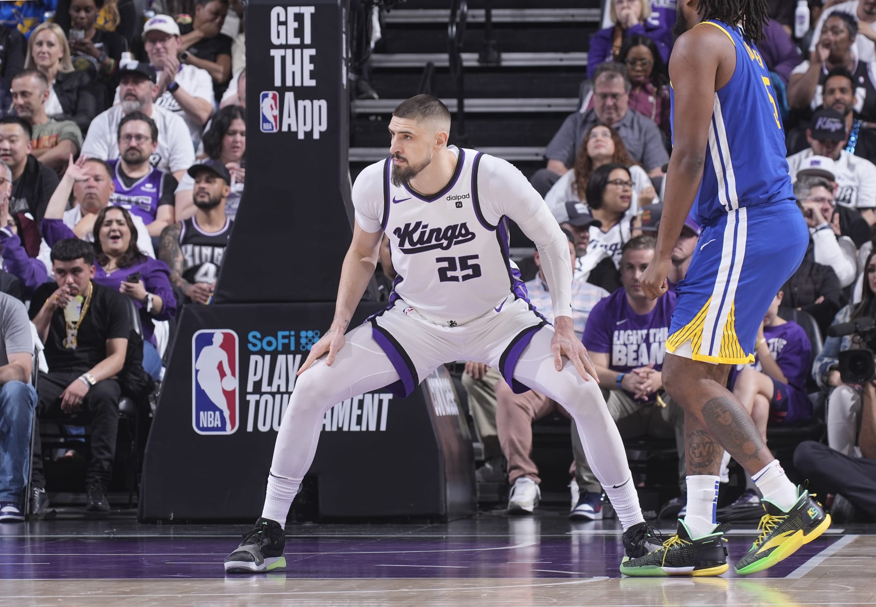 SACRAMENTO, CA - APRIL 16: Alex Len #25 of the Sacramento Kings looks on during the game against the Golden State Warriors during the 2024 Play-In Tournament on April 16, 2024 at Golden 1 Center in Sacramento, California. NOTE TO USER: User expressly acknowledges and agrees that, by downloading and or using this photograph, User is consenting to the terms and conditions of the Getty Images Agreement. Mandatory Copyright Notice: Copyright 2024 NBAE (Photo by Rocky Widner/NBAE via Getty Images)