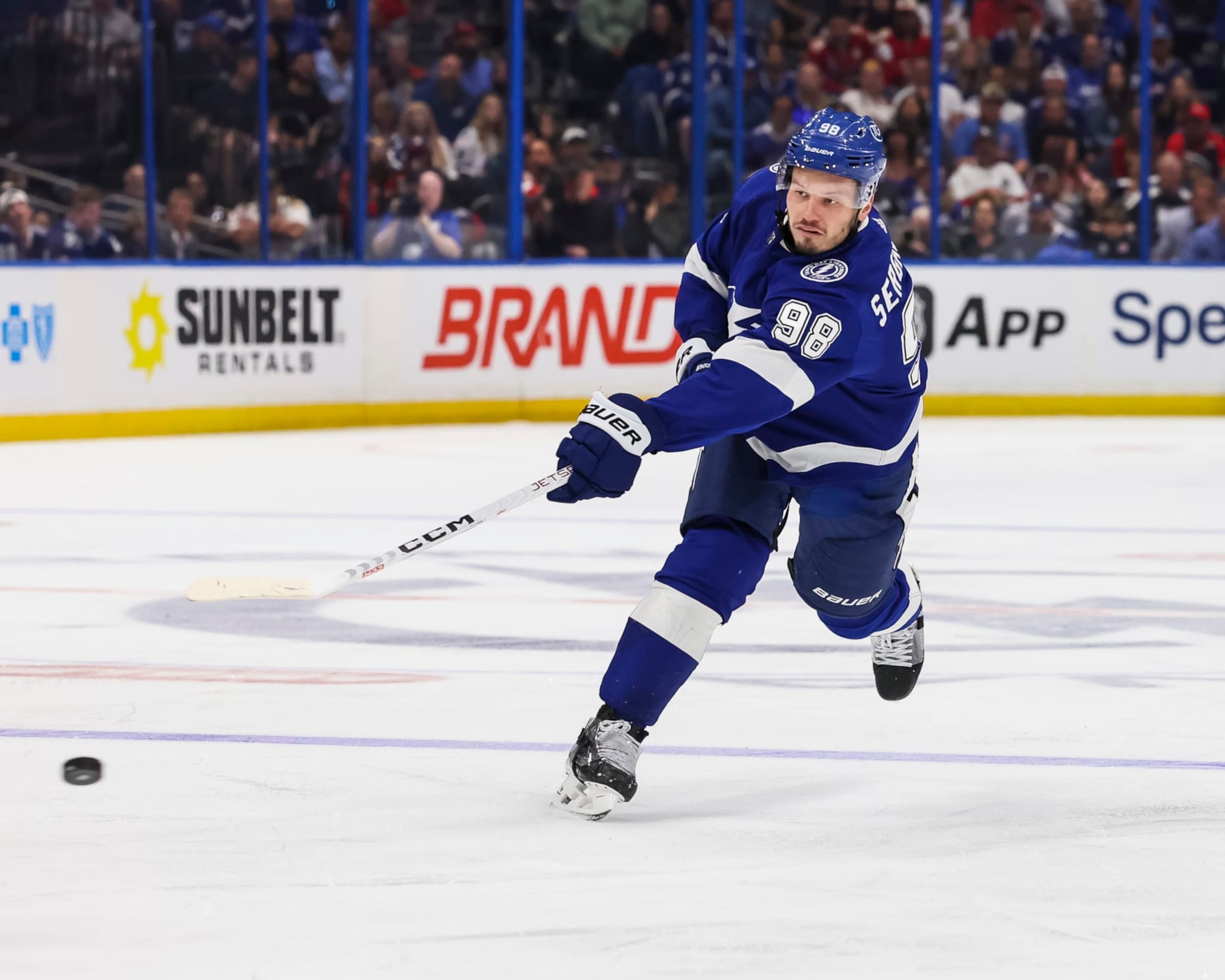 TAMPA, FL - APRIL 27: Mikhail Sergachev #98 of the Tampa Bay Lightning shoots against the Florida Panthers in Game Four of the First Round of the 2024 Stanley Cup Playoffs at Amalie Arena on April 27, 2024 in Tampa, Florida. (Photo by Mark LoMoglio/NHLI via Getty Images)