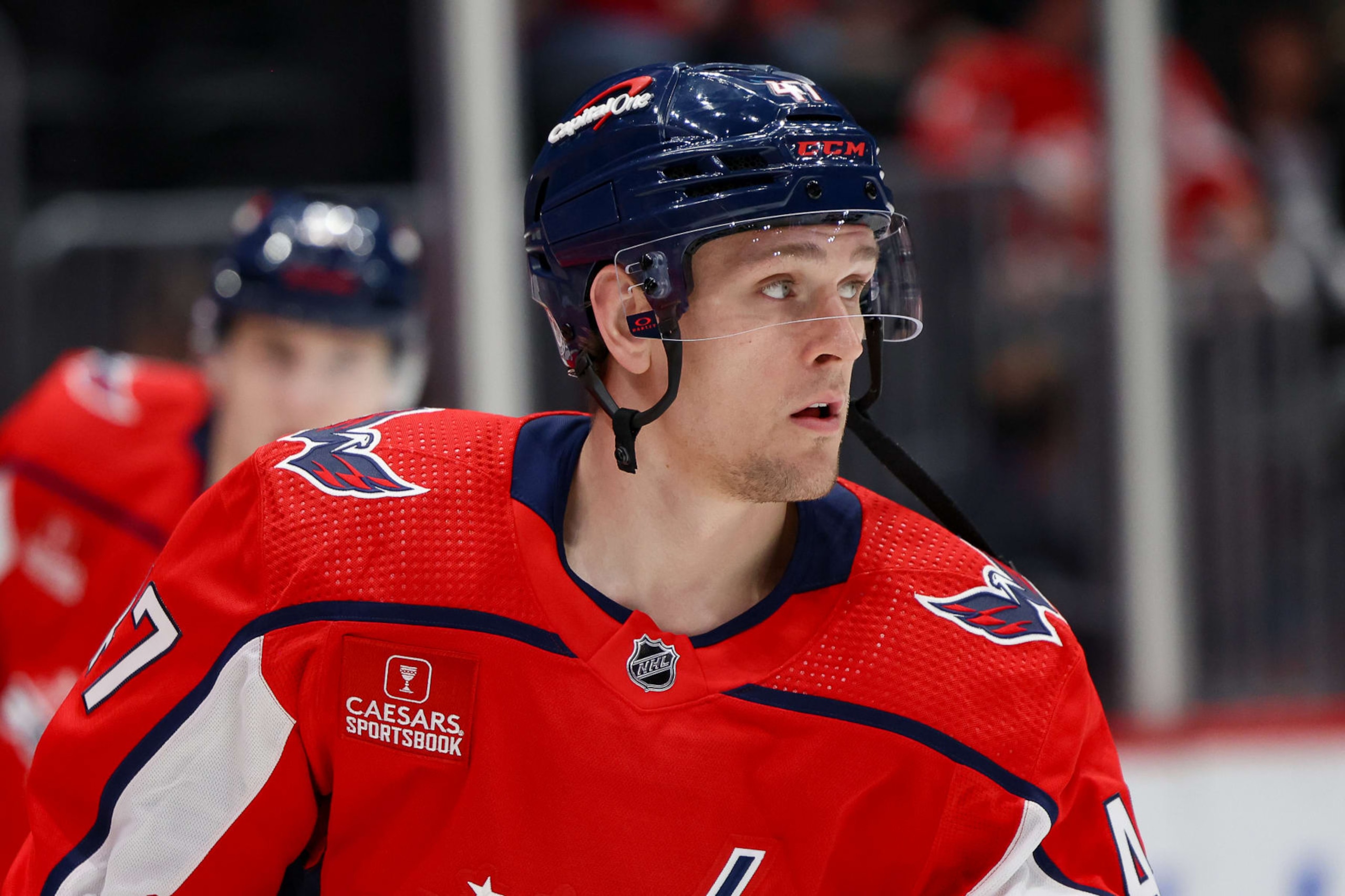 WASHINGTON, DC - APRIL 15: Beck Malenstyn #47 of the Washington Capitals skates during warmups before a game  against the Boston Bruins at Capital One Arena on April 15, 2024 in Washington, D.C. (Photo by John McCreary/NHLI via Getty Images)
