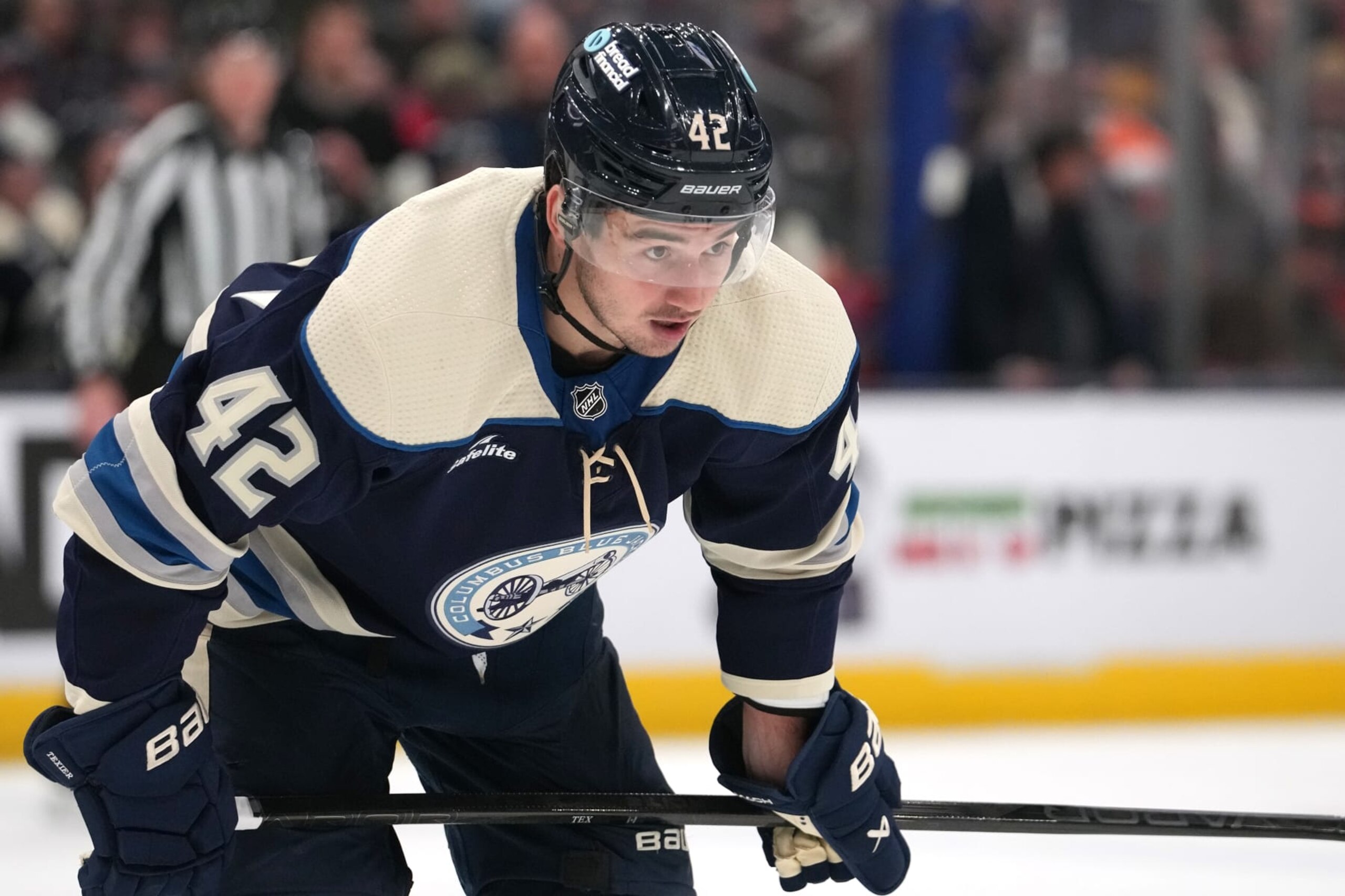 COLUMBUS, OHIO - APRIL 06: Alexandre Texier #42 of the Columbus Blue Jackets takes a break during a stoppage in play against the Philadelphia Flyers at Nationwide Arena on April 06, 2024 in Columbus, Ohio. (Photo by Jason Mowry/Getty Images)