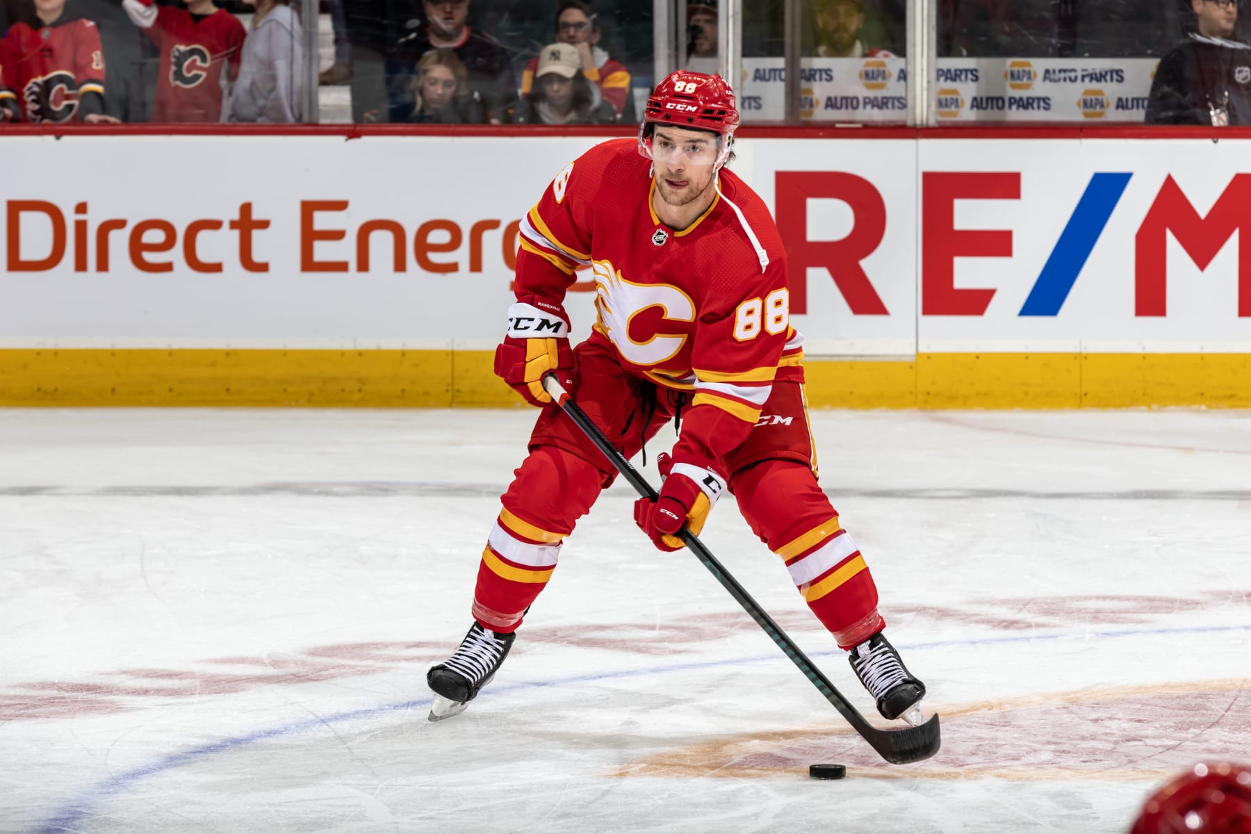 CALGARY, AB - MARCH 24: Andrew Mangiapane #88 of the Calgary Flames warms up before match  against the Buffalo Sabres at Scotiabank Saddledome on March 24, 2024 in Calgary, Alberta, Canada. (Photo by Stine Thorne/NHLI via Getty Images)