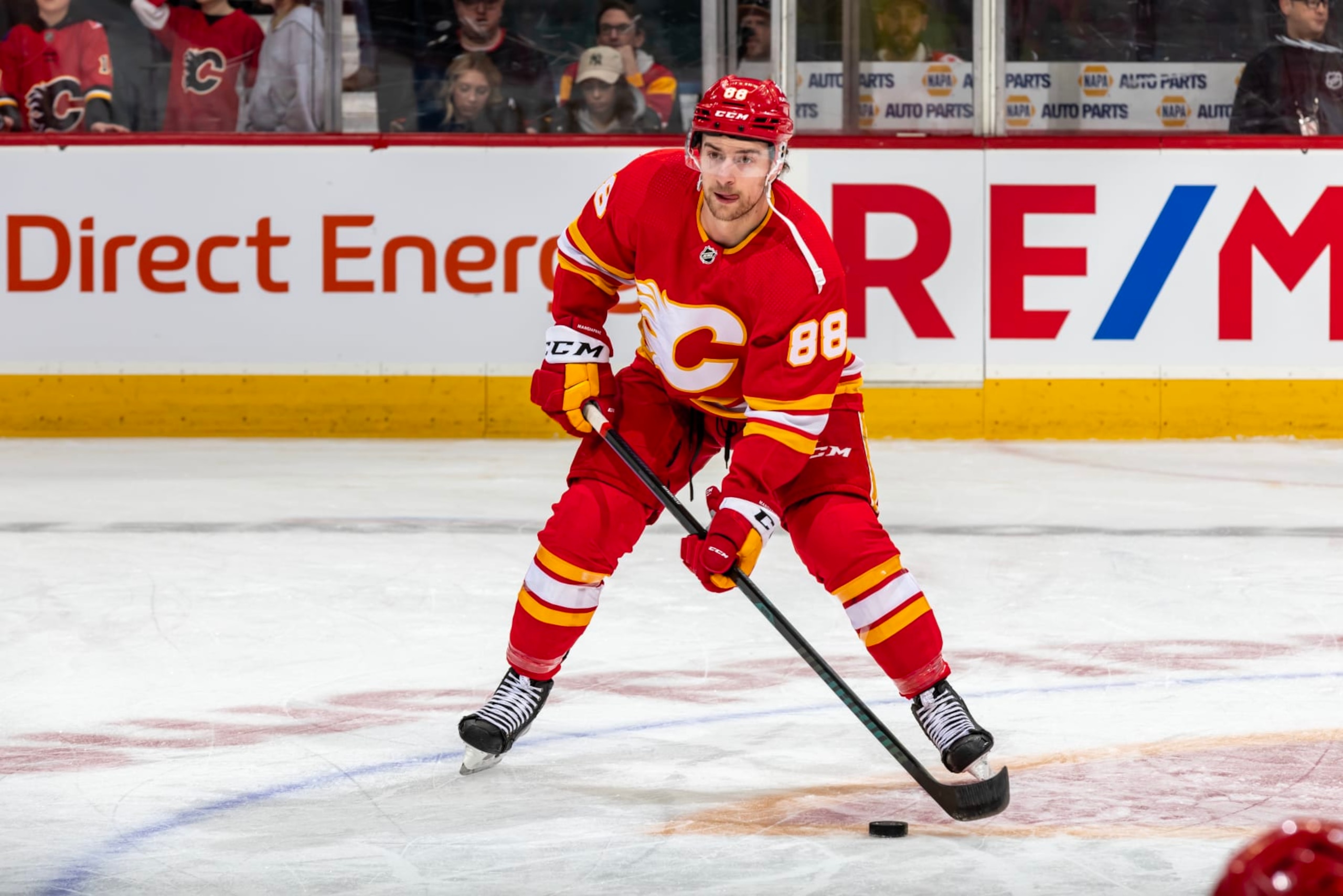 CALGARY, AB - MARCH 24: Andrew Mangiapane #88 of the Calgary Flames warms up before match  against the Buffalo Sabres at Scotiabank Saddledome on March 24, 2024 in Calgary, Alberta, Canada. (Photo by Stine Thorne/NHLI via Getty Images)