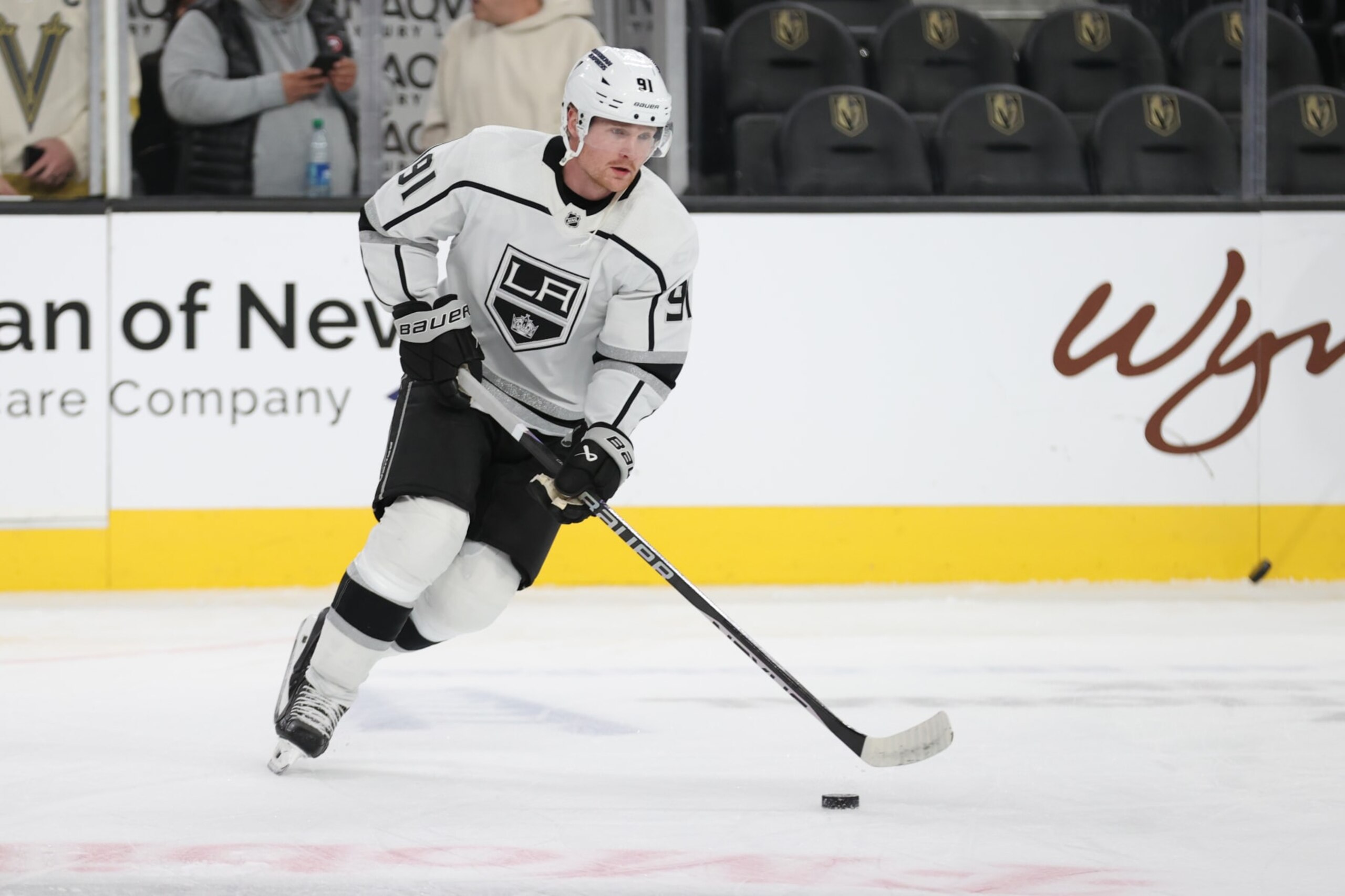 LAS VEGAS, NEVADA - DECEMBER 28: Carl Grundstrom #91 of the Los Angeles Kings warms up prior to a game against the Vegas Golden Knights at T-Mobile Arena on December 28, 2023 in Las Vegas, Nevada. (Photo by Zak Krill/NHLI via Getty Images)