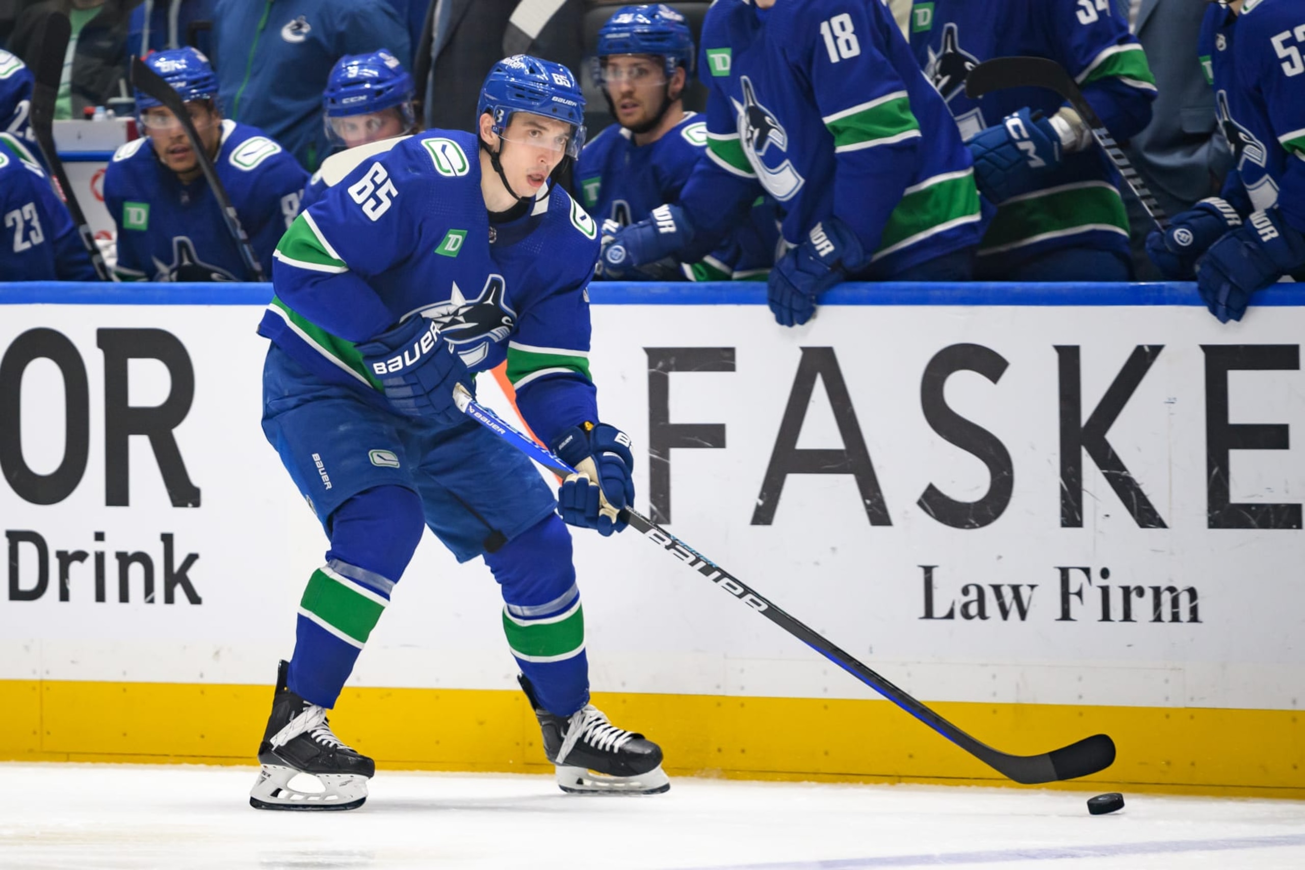 VANCOUVER, CANADA - MAY 8: Ilya Mikheyev #65 of the Vancouver Canucks skates during the third period in Game One of the Second Round of the 2024 Stanley Cup Playoffs against the Edmonton Oilers at Rogers Arena on May 8, 2024 in Vancouver, British Columbia, Canada. (Photo by Derek Cain/Getty Images)