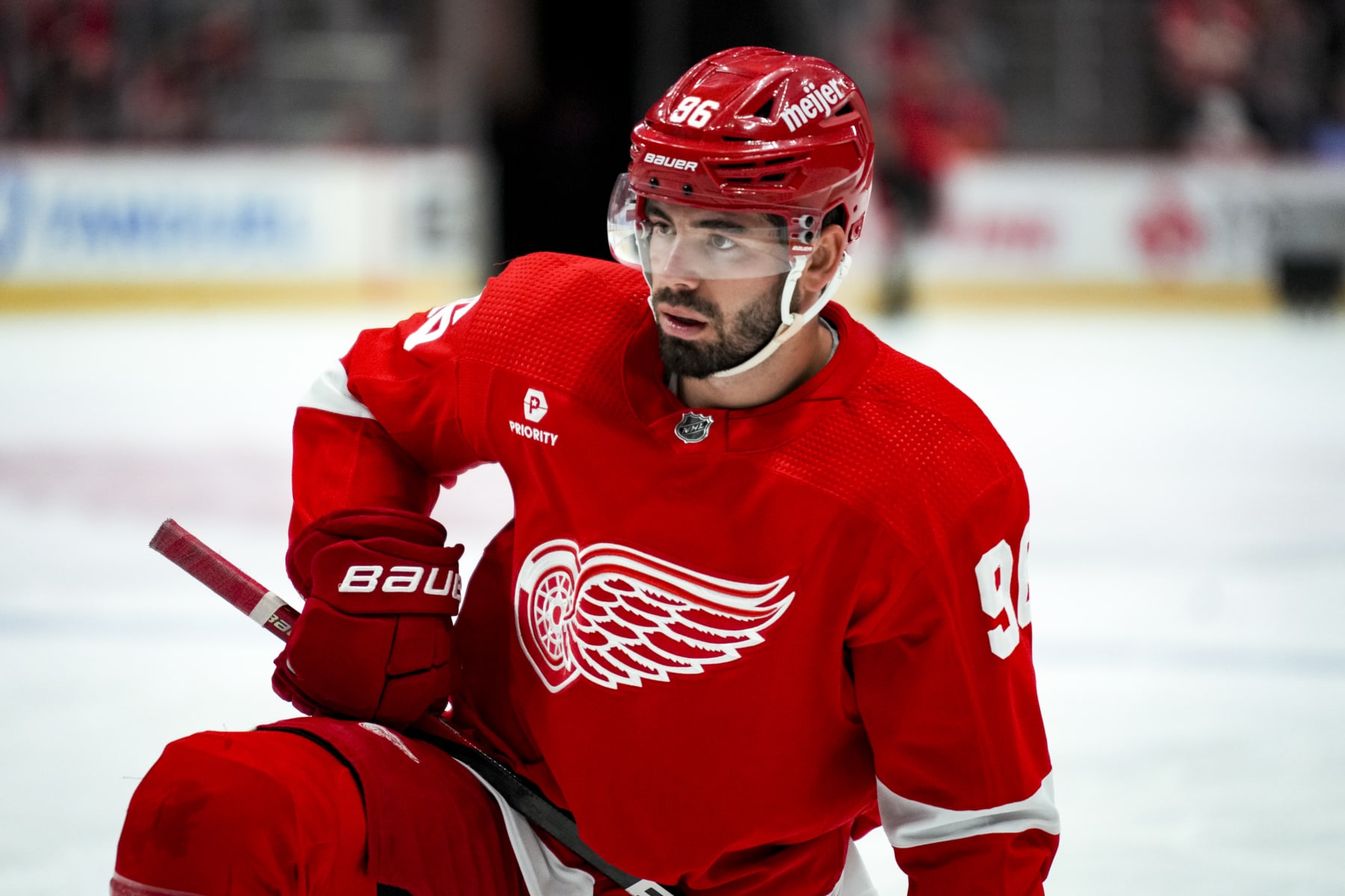 DETROIT, MICHIGAN - APRIL 05: Jake Walman #96 of the Detroit Red Wings looks on against the New York Rangers at Little Caesars Arena on April 05, 2024 in Detroit, Michigan. (Photo by Nic Antaya/Getty Images)