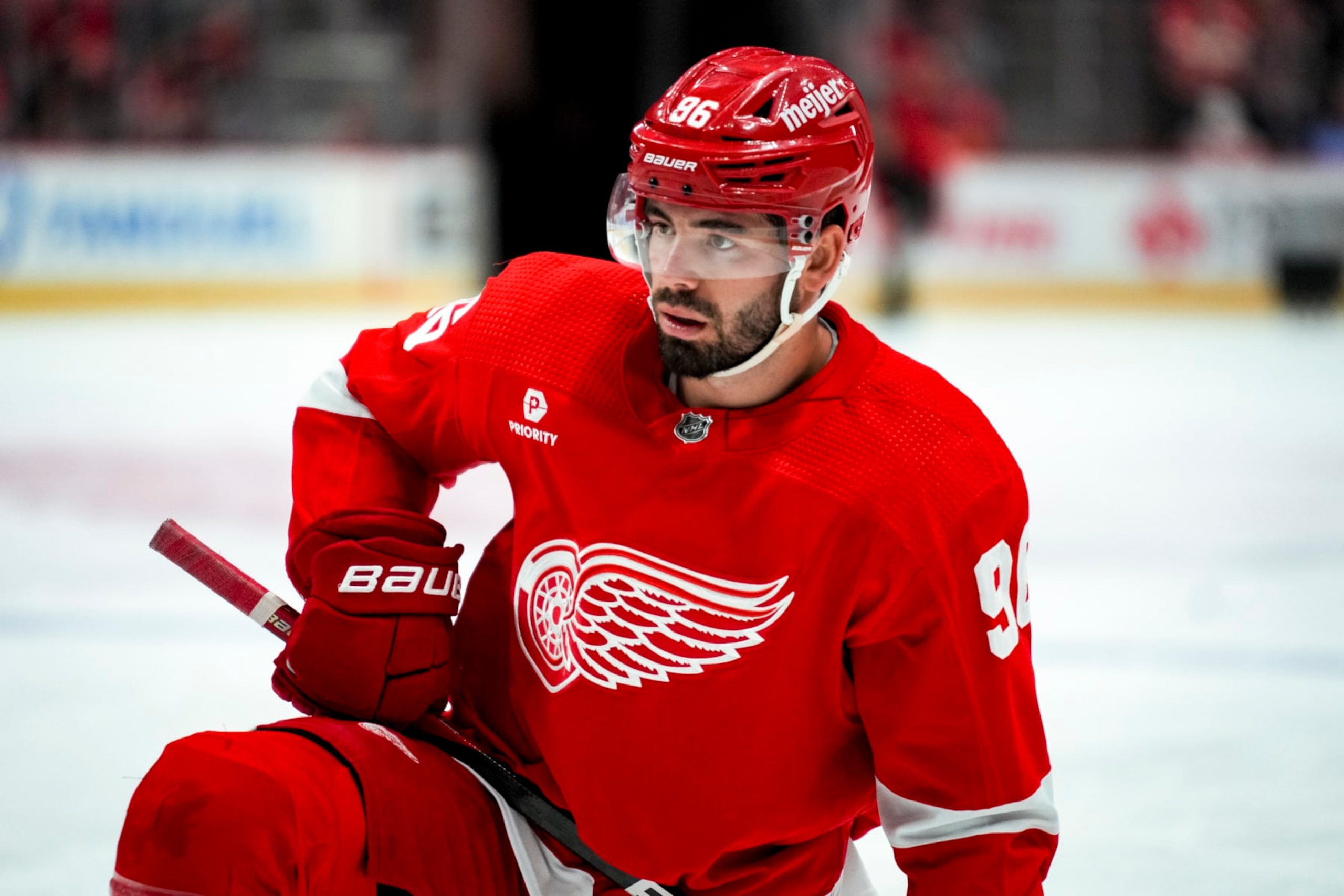 DETROIT, MICHIGAN - APRIL 05: Jake Walman #96 of the Detroit Red Wings looks on against the New York Rangers at Little Caesars Arena on April 05, 2024 in Detroit, Michigan. (Photo by Nic Antaya/Getty Images)