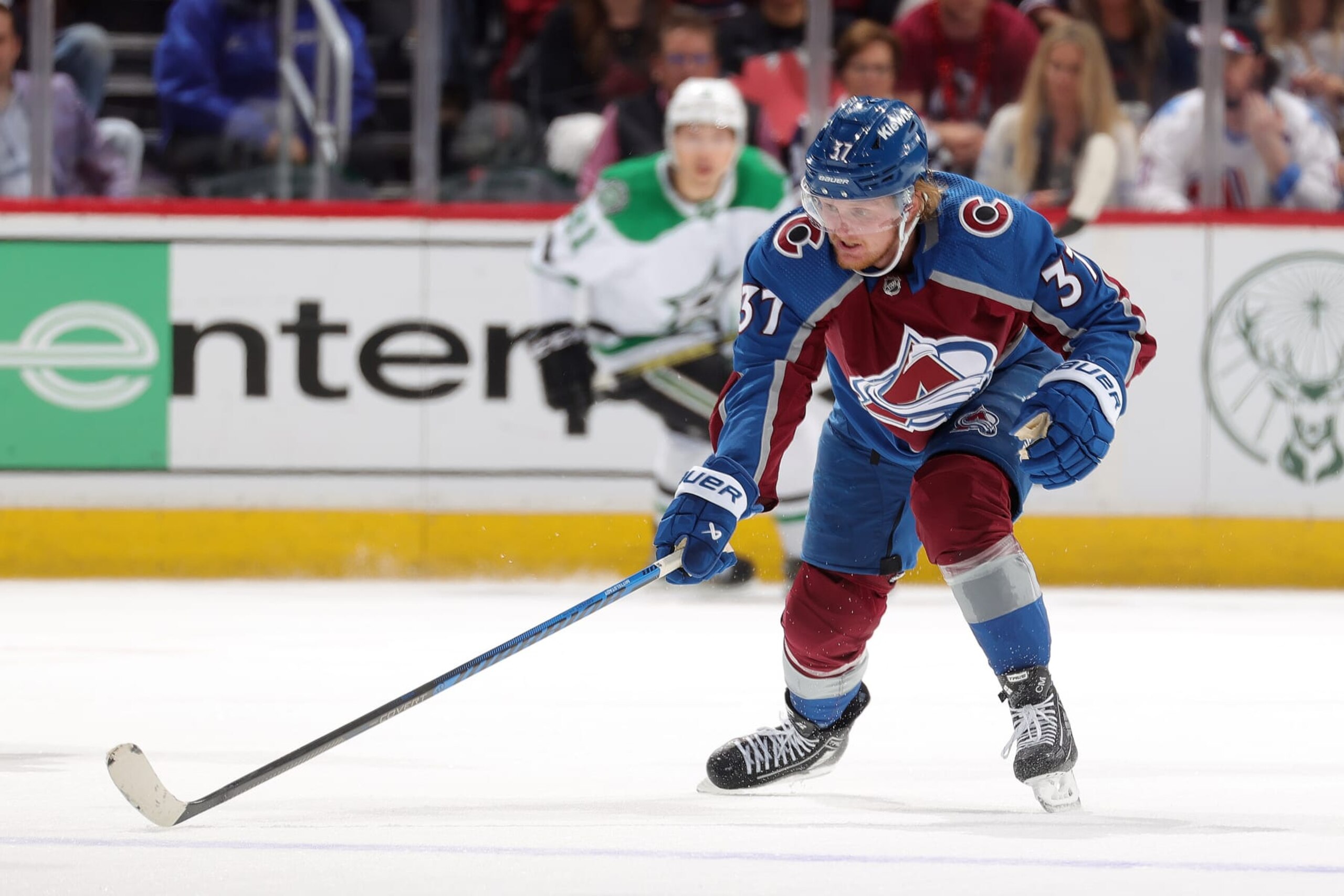 DENVER, COLORADO - MAY 17: Casey Mittelstadt #37 of the Colorado Avalanche skates against the Dallas Stars in Game Six of the Second Round of the 2024 Stanley Cup Playoffs at Ball Arena on May 17, 2024 in Denver, Colorado.  (Photo by Michael Martin/NHLI via Getty Images)