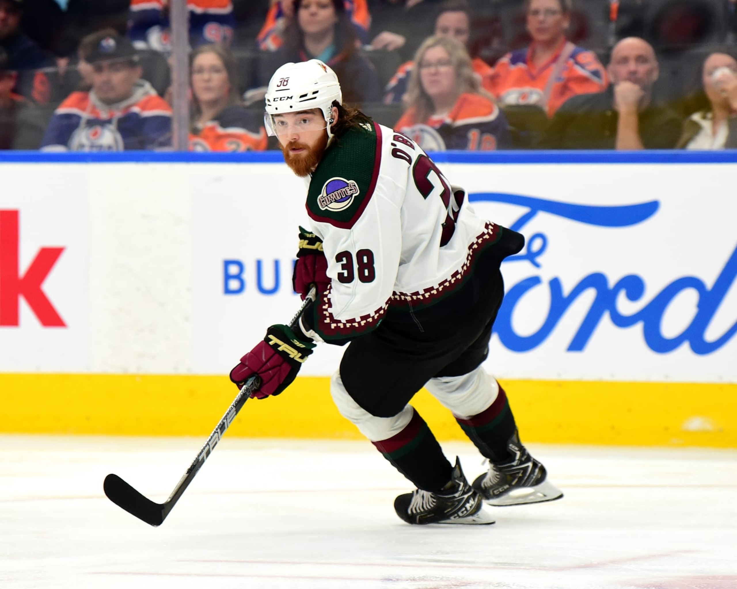EDMONTON, CANADA - APRIL 12: Liam O'Brien #38 of the Arizona Coyotes in action during the game against the Edmonton Oilers at Rogers Place on April 12, 2024, in Edmonton, Alberta, Canada. (Photo by Leila Devlin/Getty Images)