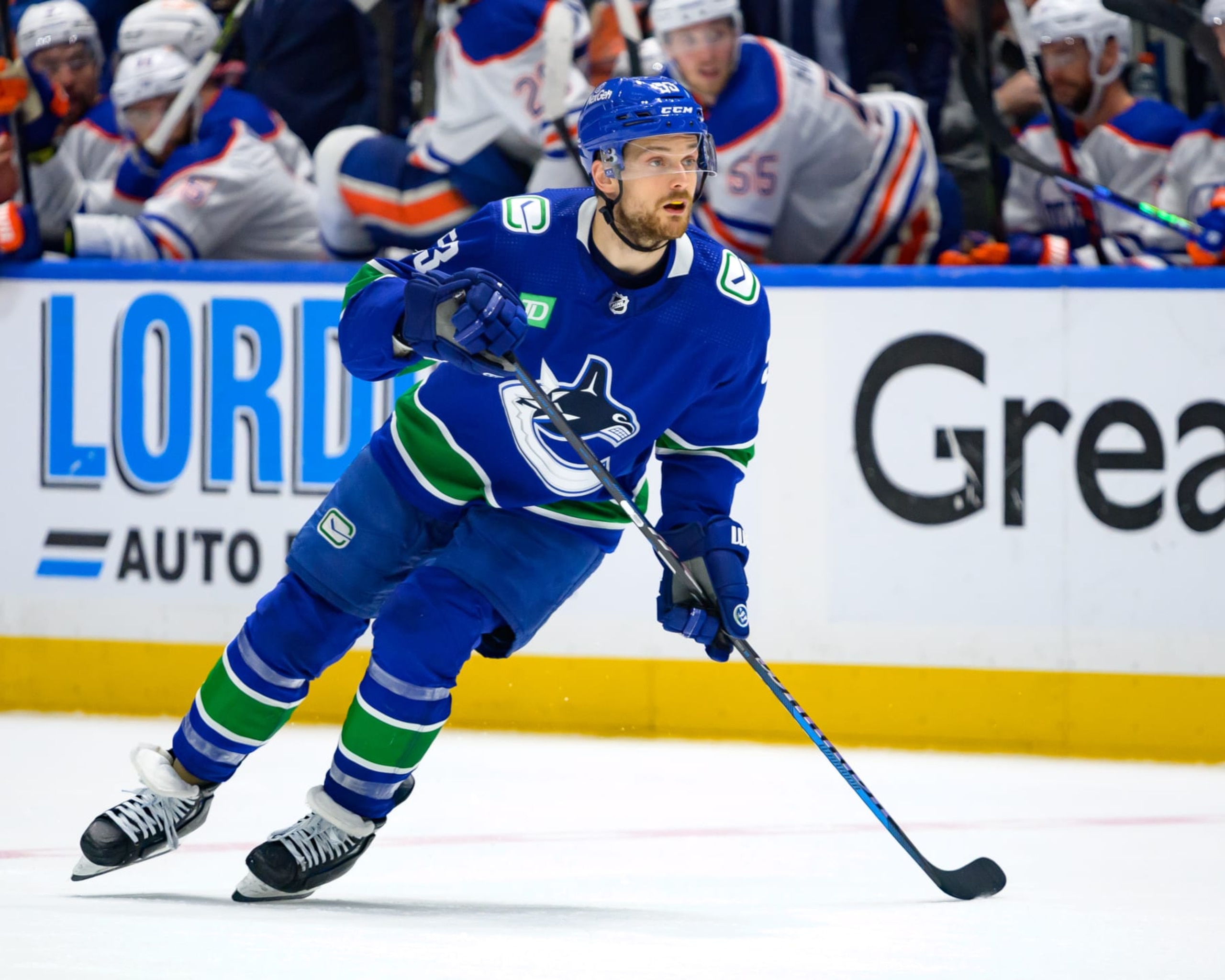 VANCOUVER, CANADA - MAY 20: Teddy Blueger #53 of the Vancouver Canucks skates during the third period in Game Seven of the Second Round of the 2024 Stanley Cup Playoffs against the Edmonton Oilers at Rogers Arena on May 20, 2024 in Vancouver, British Columbia, Canada. (Photo by Derek Cain/Getty Images)
