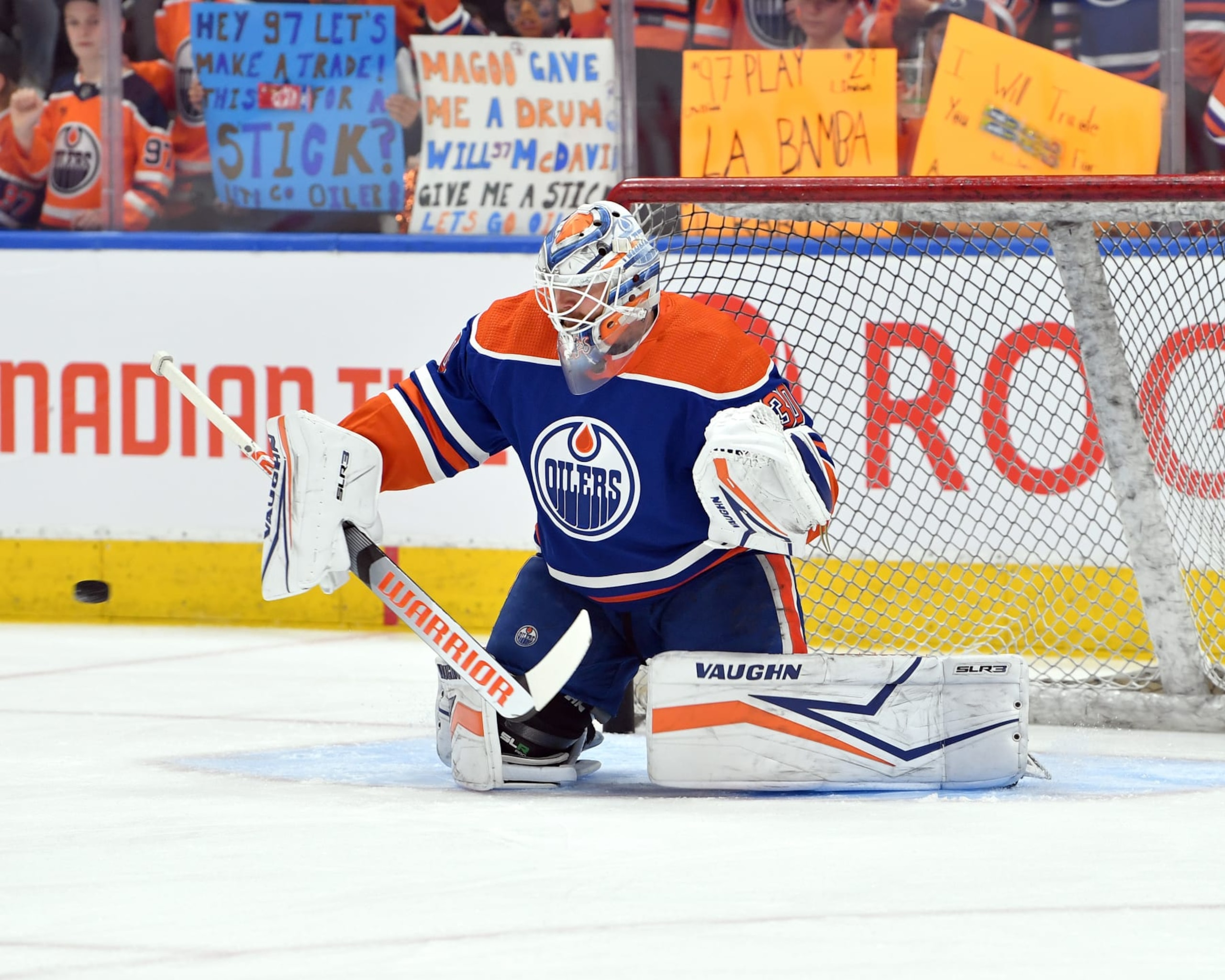 EDMONTON, CANADA - MAY 27: Calvin Pickard #30 of the Edmonton Oilers warms up before Game Six of the Western Conference Final of the 2024 Stanley Cup Playoffs against the Dallas Stars at Rogers Place on May 27, 2024, in Edmonton, Alberta, Canada. (Photo by Andy Devlin/NHLI via Getty Images)