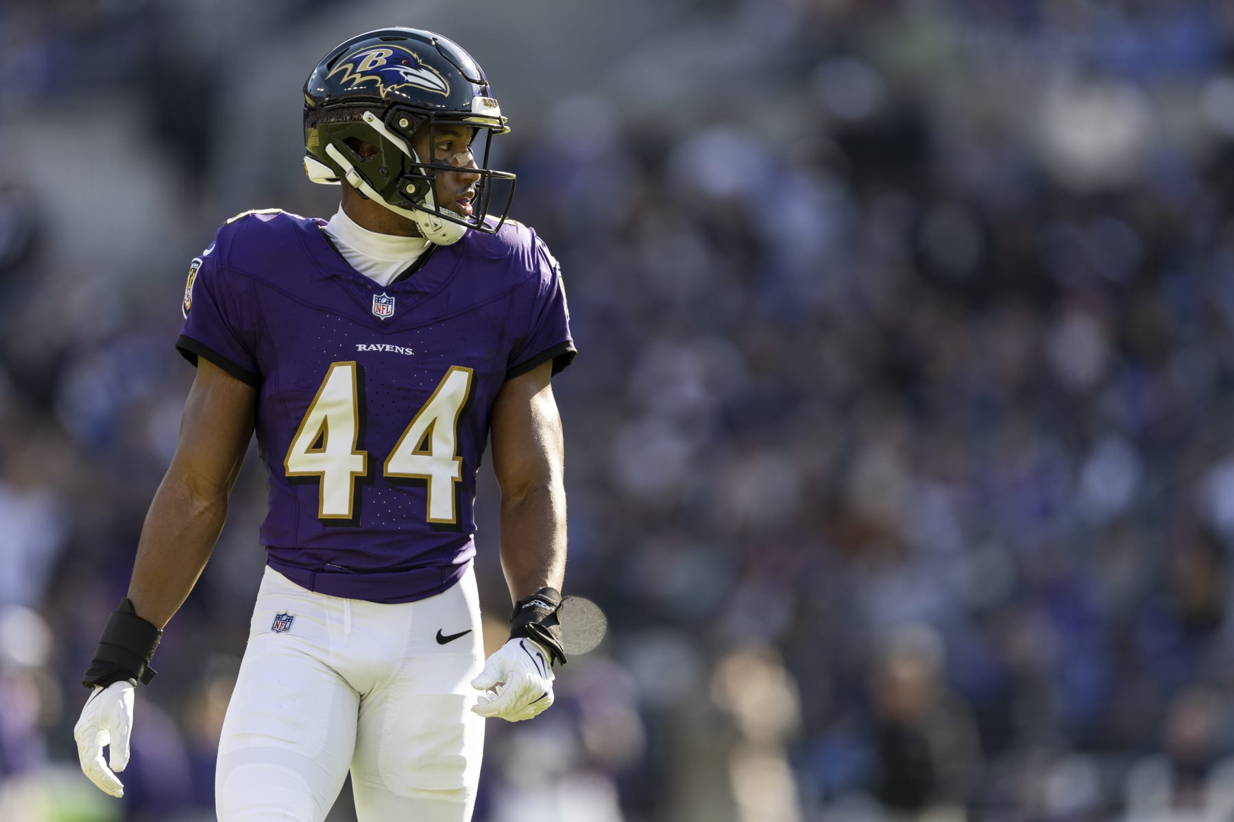 BALTIMORE, MARYLAND - NOVEMBER 05: Marlon Humphrey #44 of the Baltimore Ravens looks on during an NFL football game between the Baltimore Ravens and the Seattle Seahawks at M&T Bank Stadium on November 05, 2023 in Baltimore, Maryland. (Photo by Michael Owens/Getty Images)