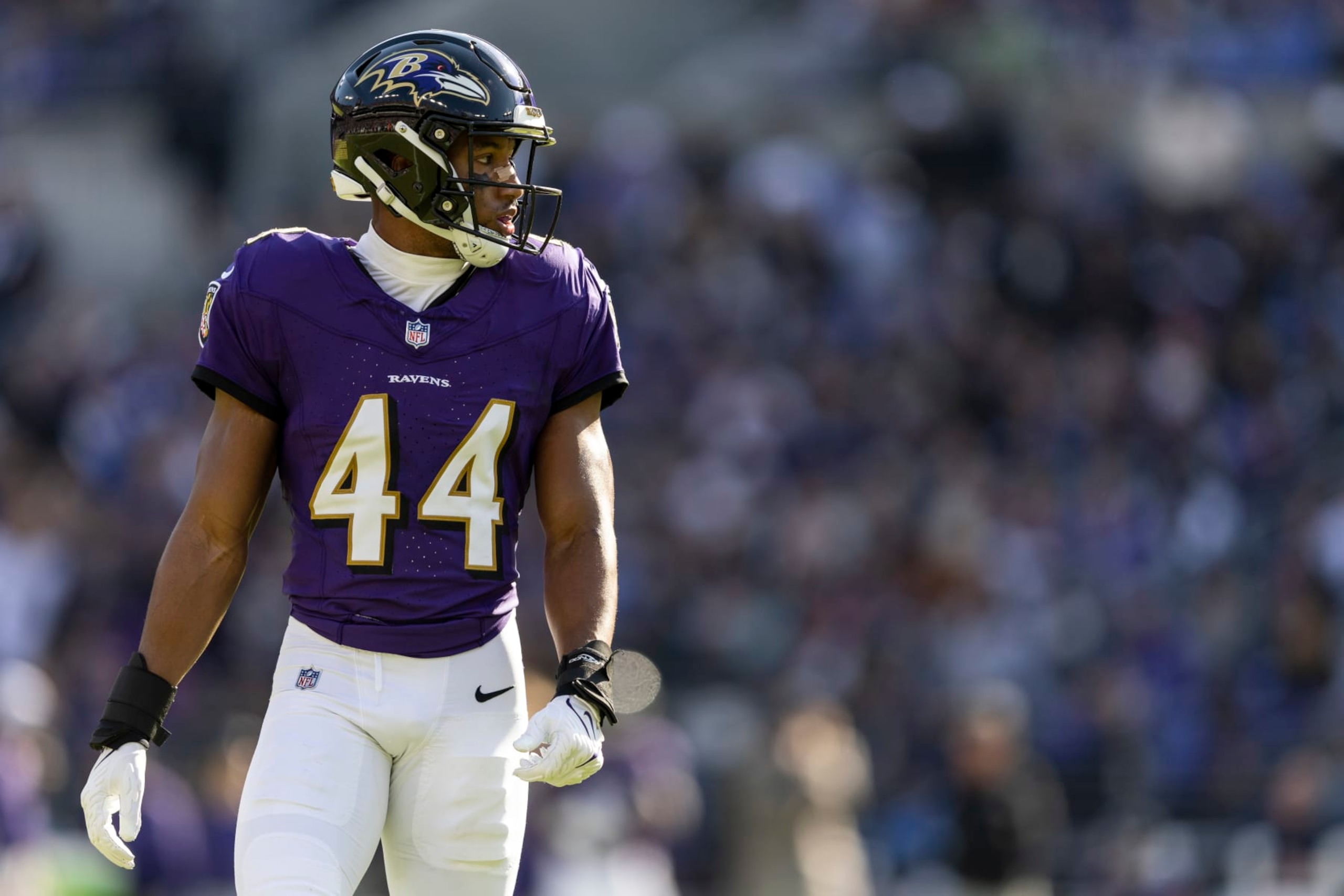 BALTIMORE, MARYLAND - NOVEMBER 05: Marlon Humphrey #44 of the Baltimore Ravens looks on during an NFL football game between the Baltimore Ravens and the Seattle Seahawks at M&T Bank Stadium on November 05, 2023 in Baltimore, Maryland. (Photo by Michael Owens/Getty Images)