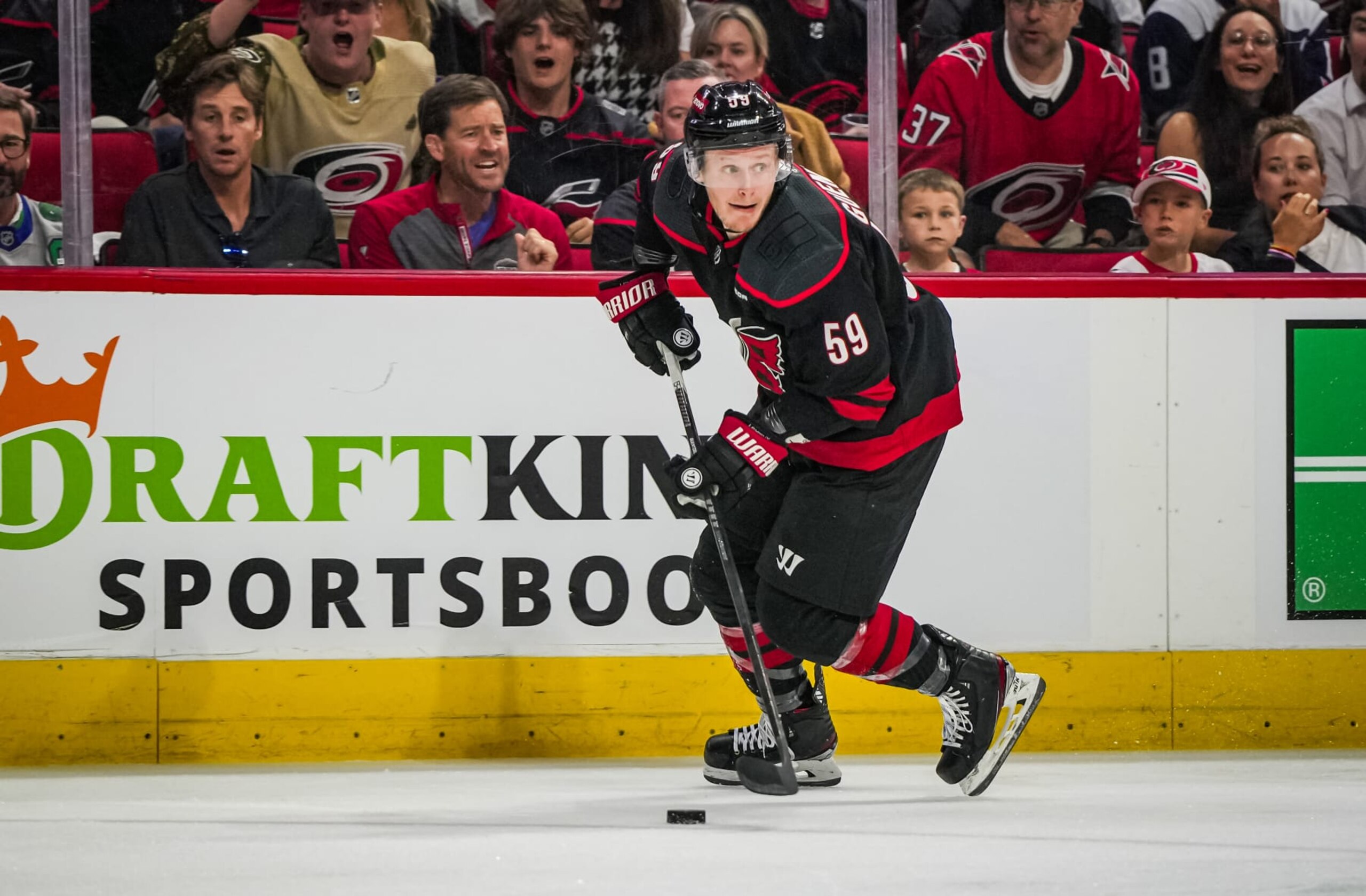 RALEIGH, NORTH CAROLINA - APRIL 20: Jake Guentzel #59 of the Carolina Hurricanes skates during the first period against the New York Islanders in Game One of the First Round of the 2024 Stanley Cup Playoffs at PNC Arena on April 7, 2024 in Raleigh, North Carolina. (Photo by Josh Lavallee/NHLI via Getty Images)